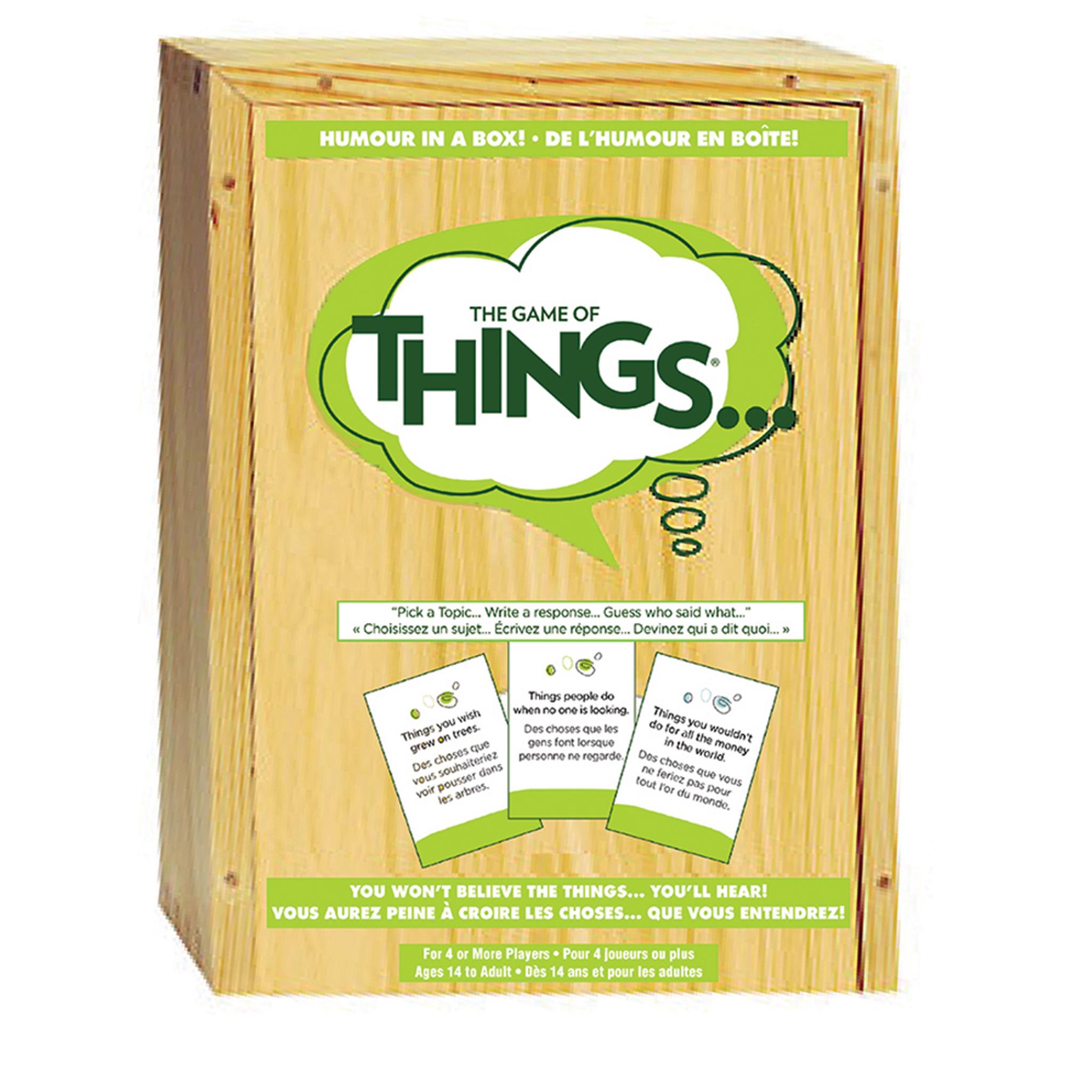 Boxed party game 'The Game of THINGS' with a wooden appearance and green accents, displaying the product name and some cards visible through a cut-out window.