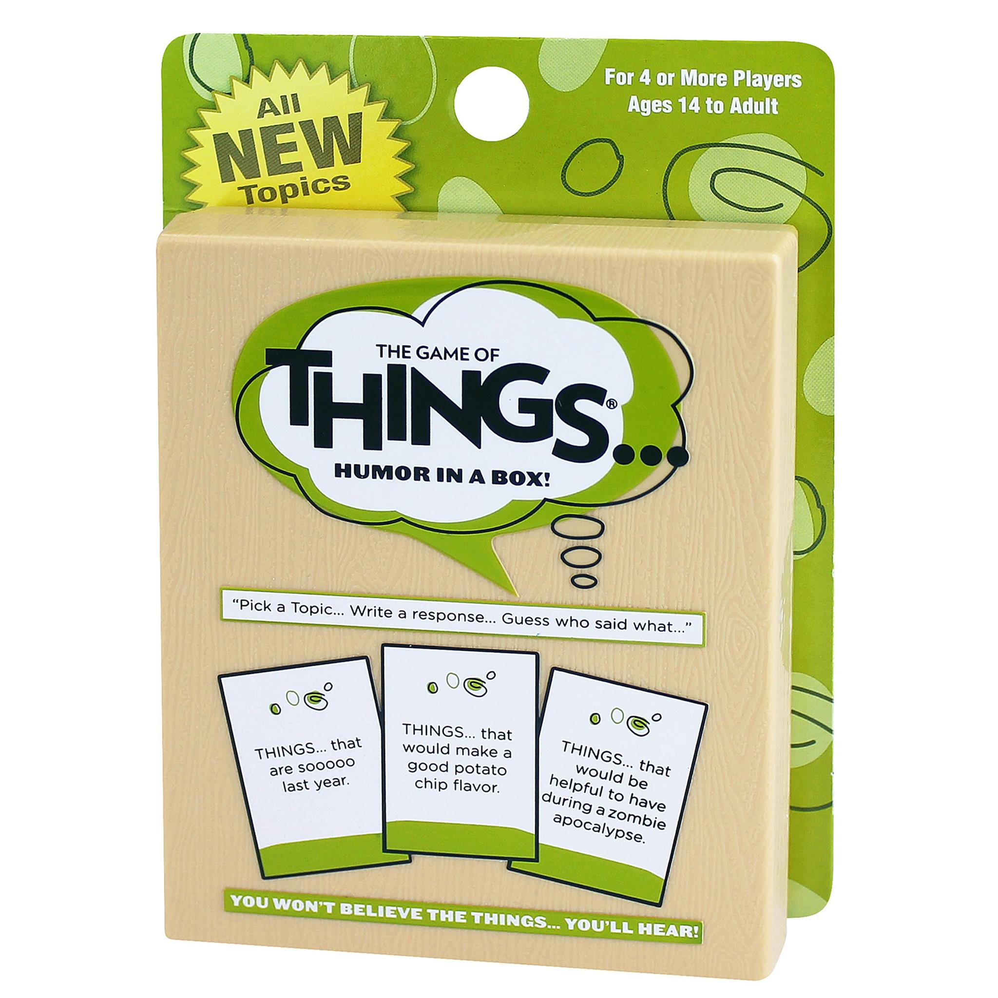 Packaging for 'The Game of THINGS' card game, featuring the game's title and a preview of the cards with various topics written on them. The package indicates it's suitable for 4 or more players, ages 14 and adult, with all new topics.
