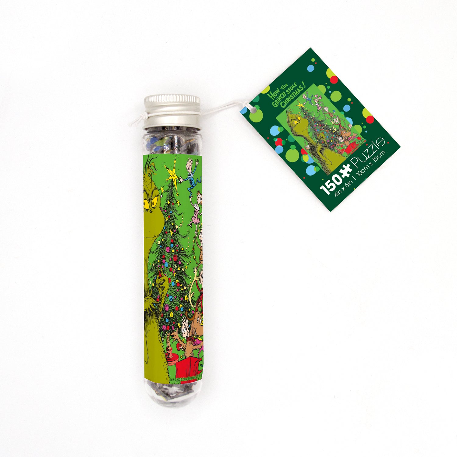 A packaged micro puzzle featuring The Grinch and Max with a Christmas theme, displayed in a tube-shaped packaging with a green background.