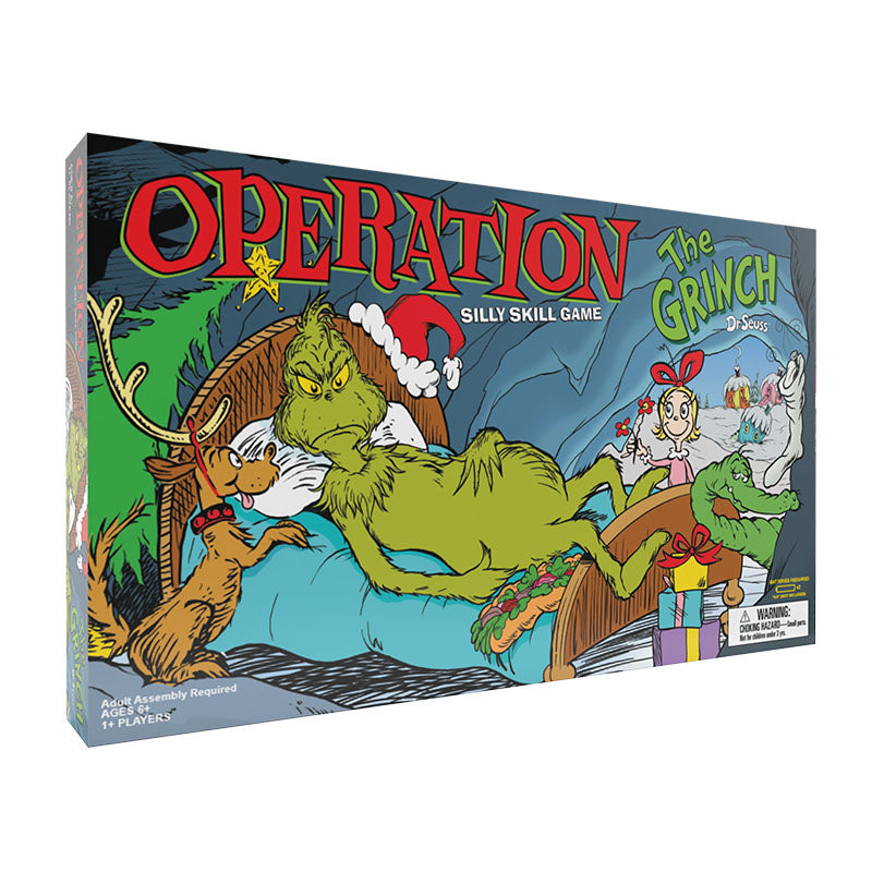 Board game box cover for 'Operation: The Grinch' featuring the original cartoon-style characters from the Grinch story.