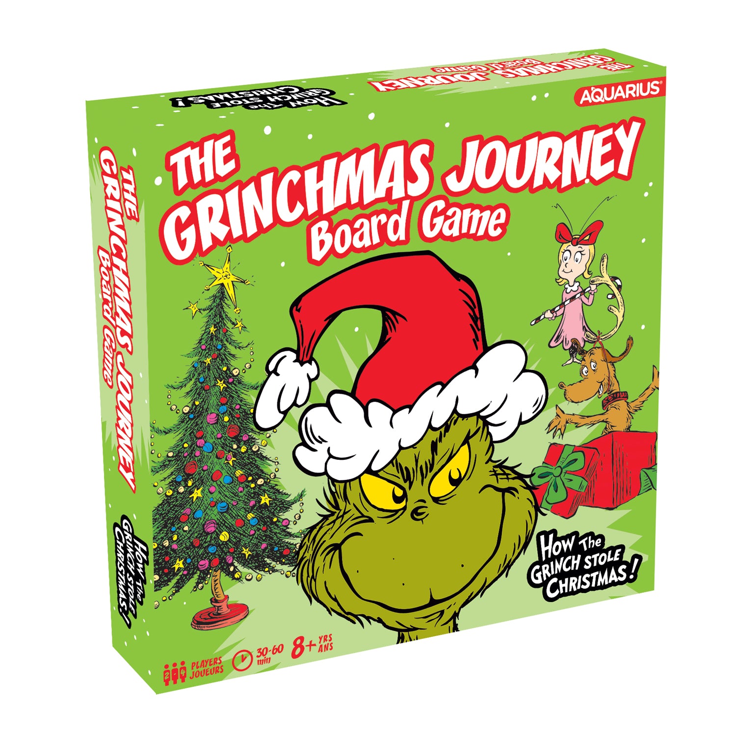 Board game box cover featuring 'The Grinch' character with a Christmas tree in the original cartoon style illustration.
