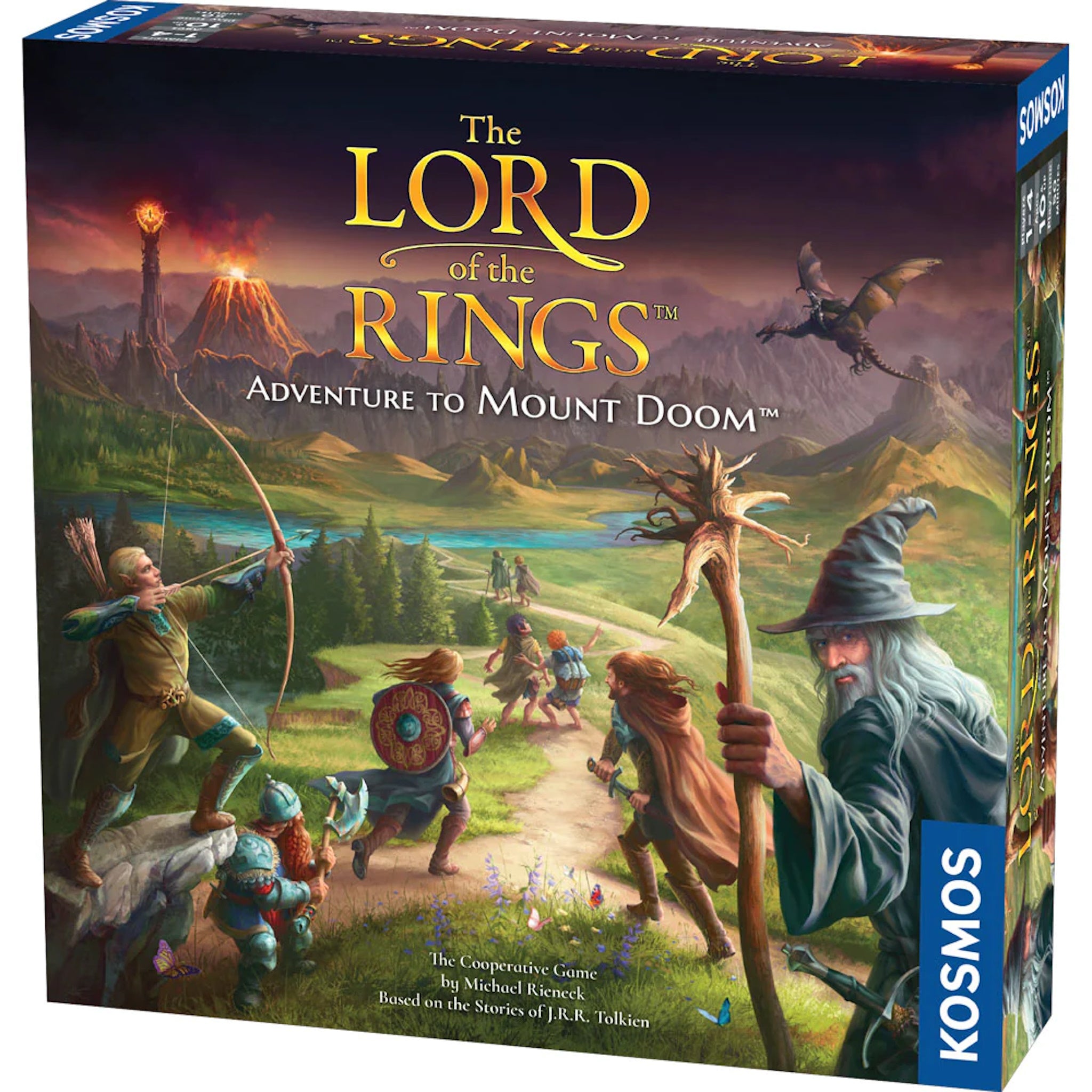Board game box cover for 'The Lord of the Rings Adventure to Mount Doom' featuring illustrations of characters and fantasy scenes from the Lord of the Rings series.