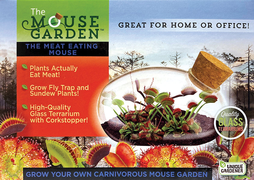 Packaging for The Mouse Garden terrarium, featuring the product with tiny plants and a cork stopper, and text highlighting its uses for home or office, and carnivorous plant growth.