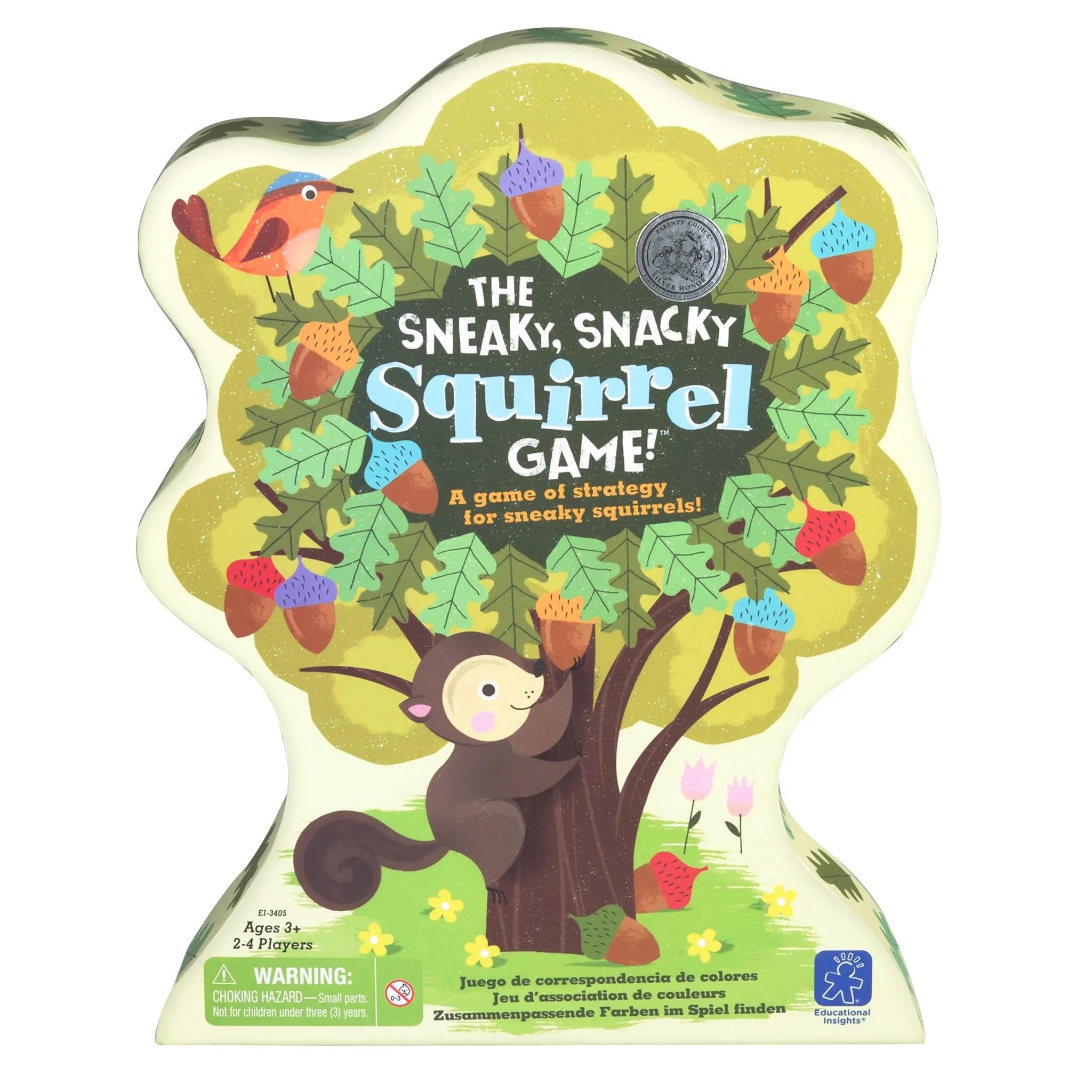 Packaging for 'The Sneaky, Snacky Squirrel Game' featuring illustrations of squirrels, acorns, and a tree.