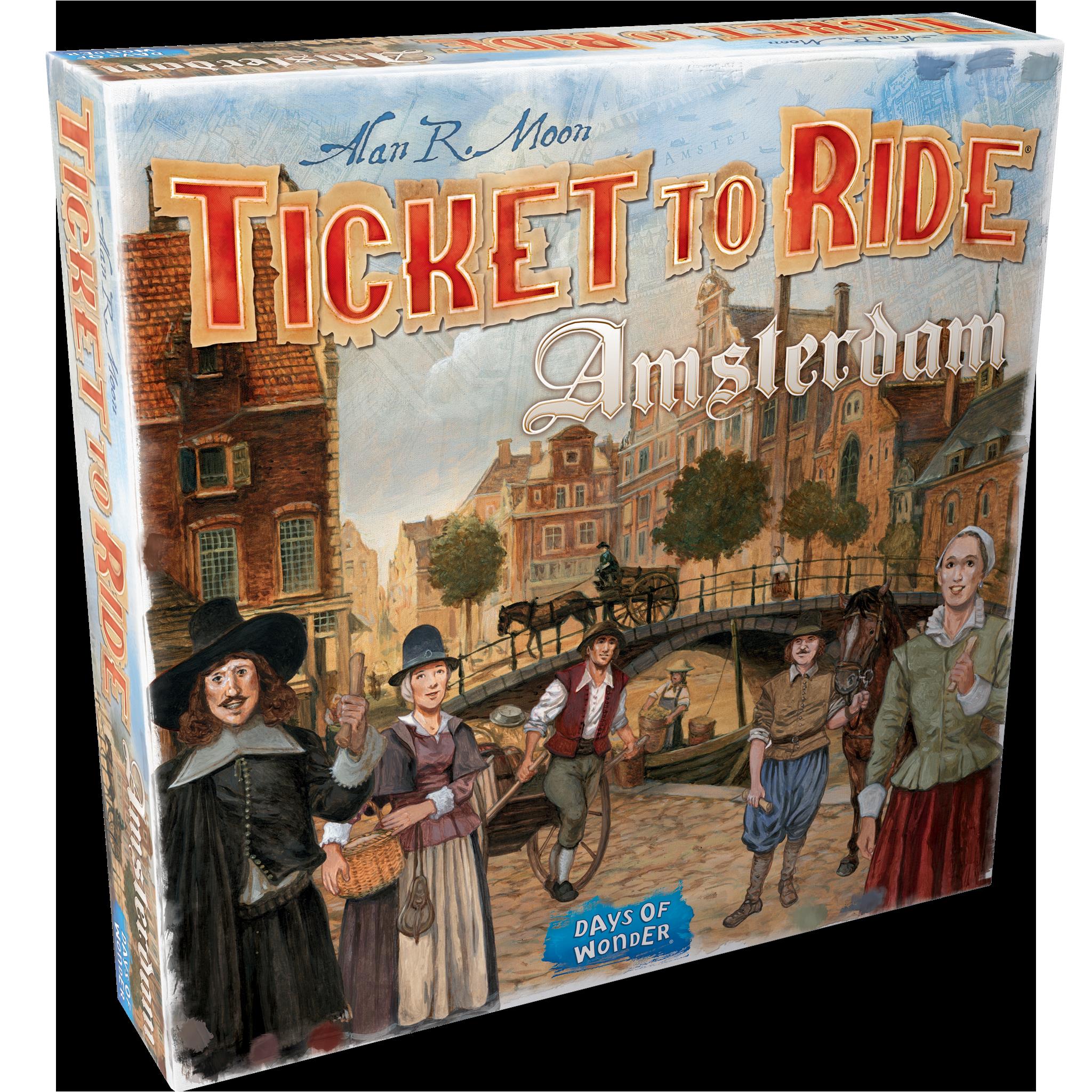 Board game box cover for 'Ticket to Ride Amsterdam' featuring illustrated artwork of historical figures and a scene from the Dutch Golden Age.