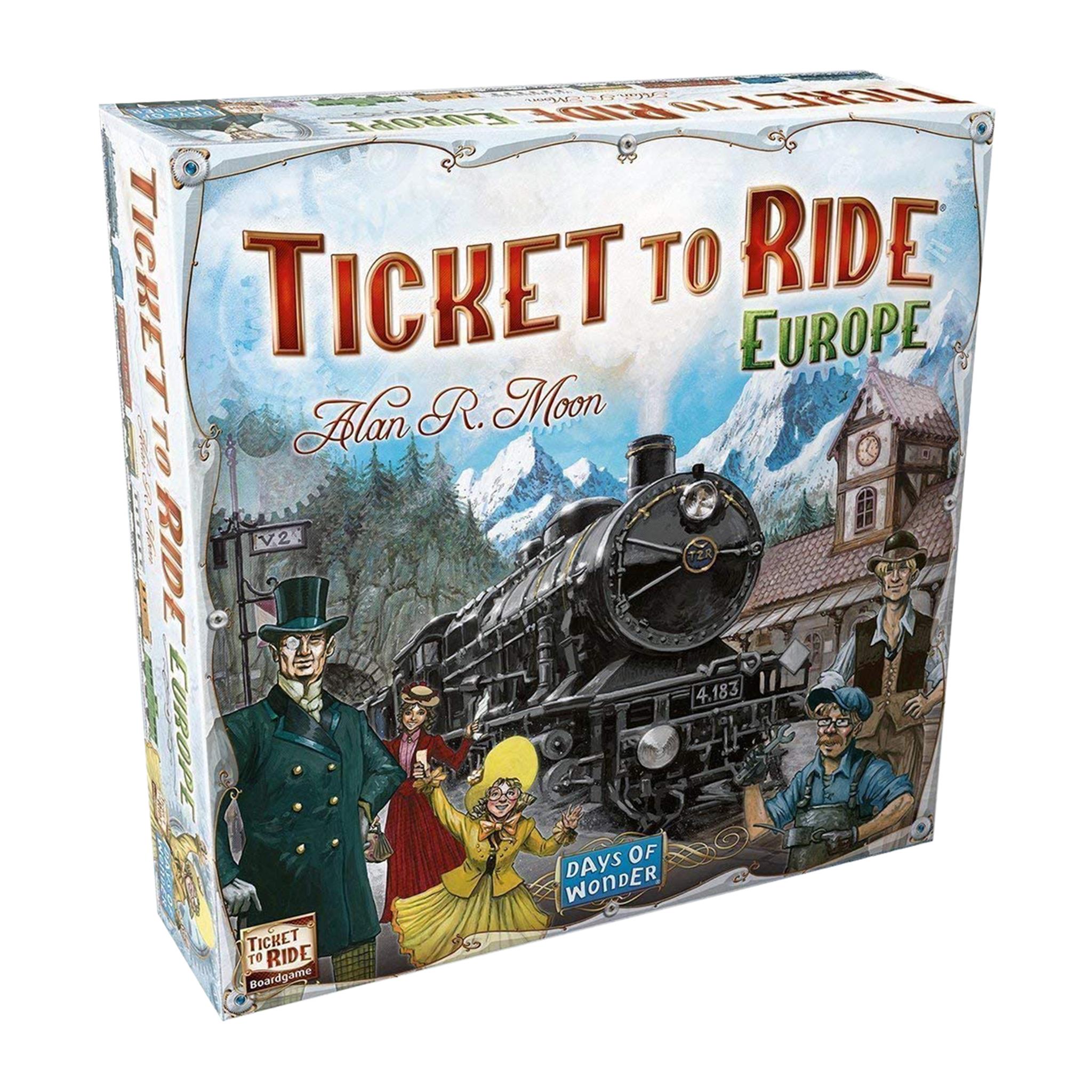 Box cover for Ticket to Ride Europe board game featuring illustrations of characters, a train, and European-style landscapes.