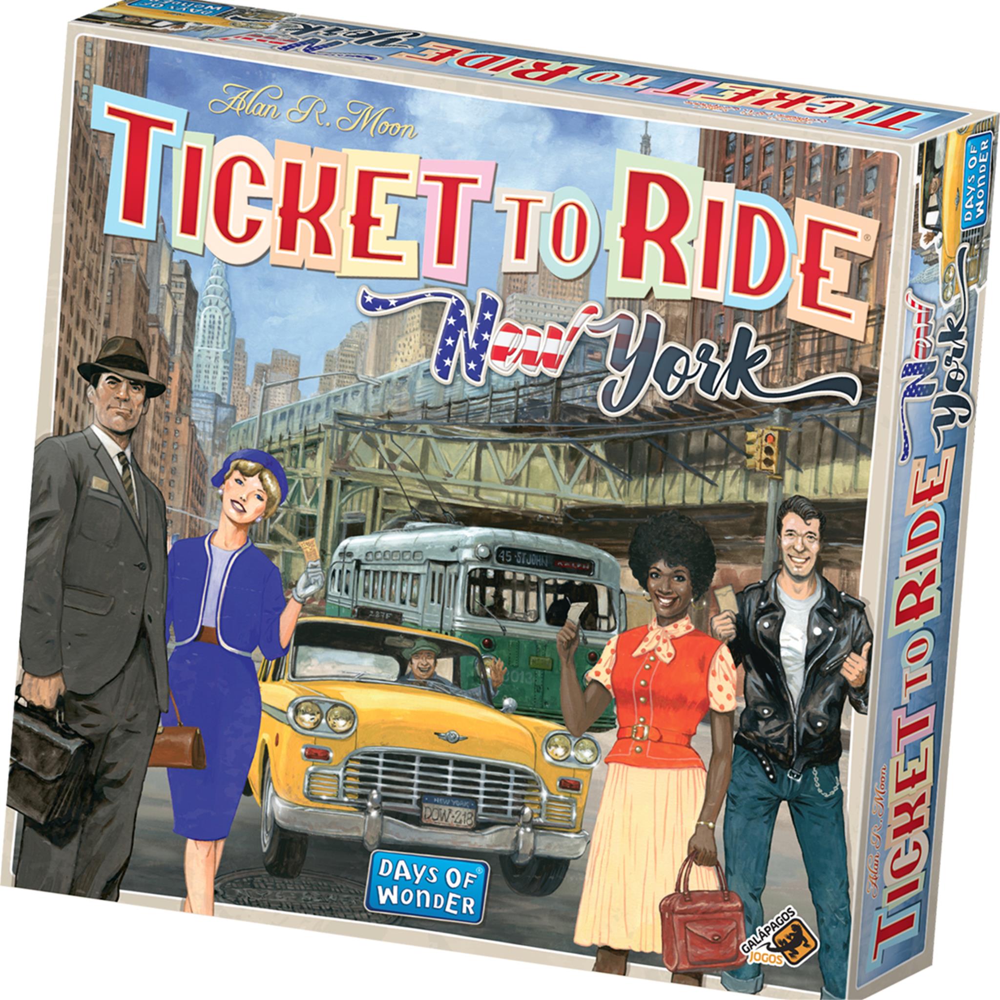 Board game box cover for Ticket to Ride New York, featuring illustrations of Manhattan landmarks, a yellow taxi, and characters representing the game play.