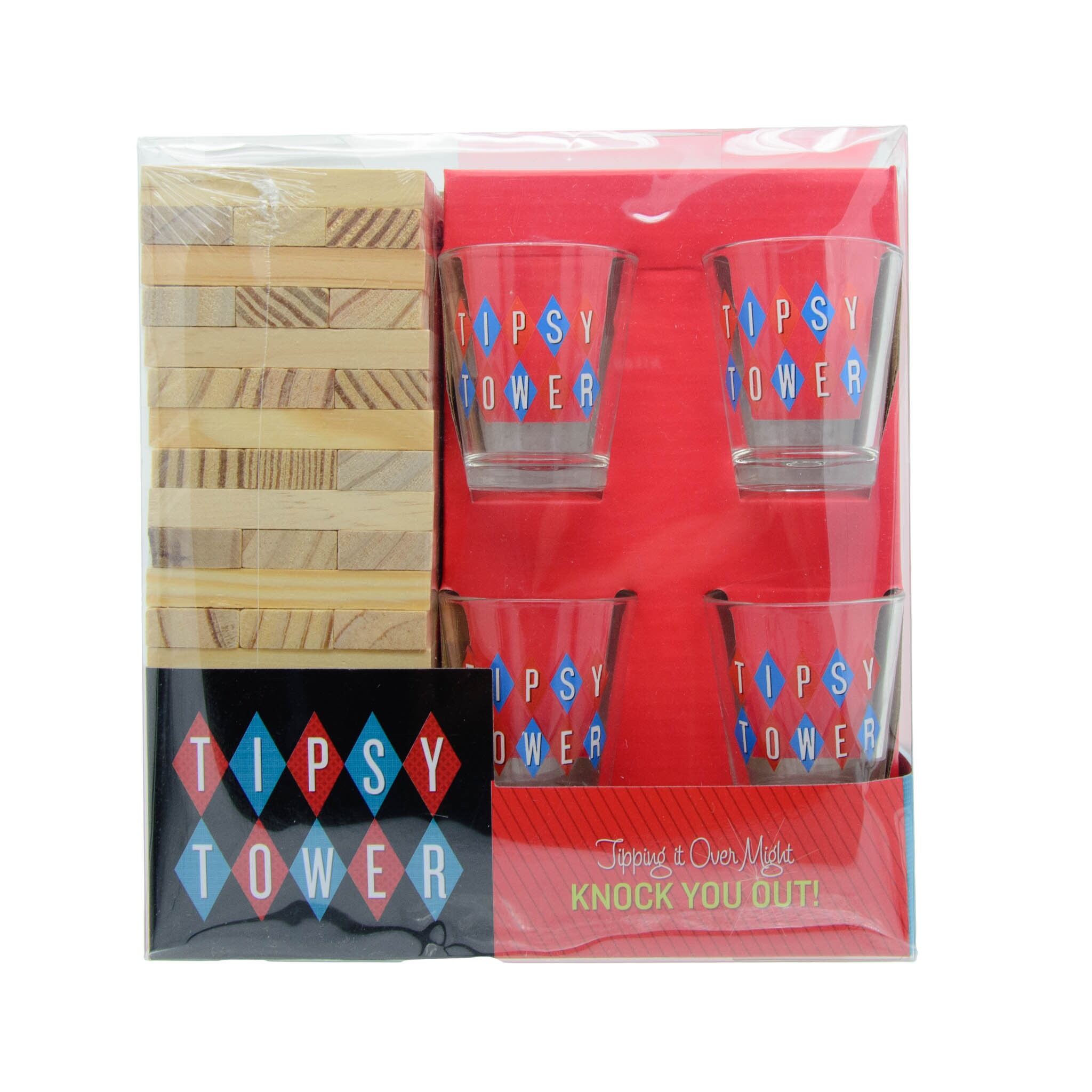 The image shows a party game called Tipsy Tower, which includes a red box with the game name, a set of wooden blocks, and four shot glasses with 'TOPSY TOWER' printed on them.