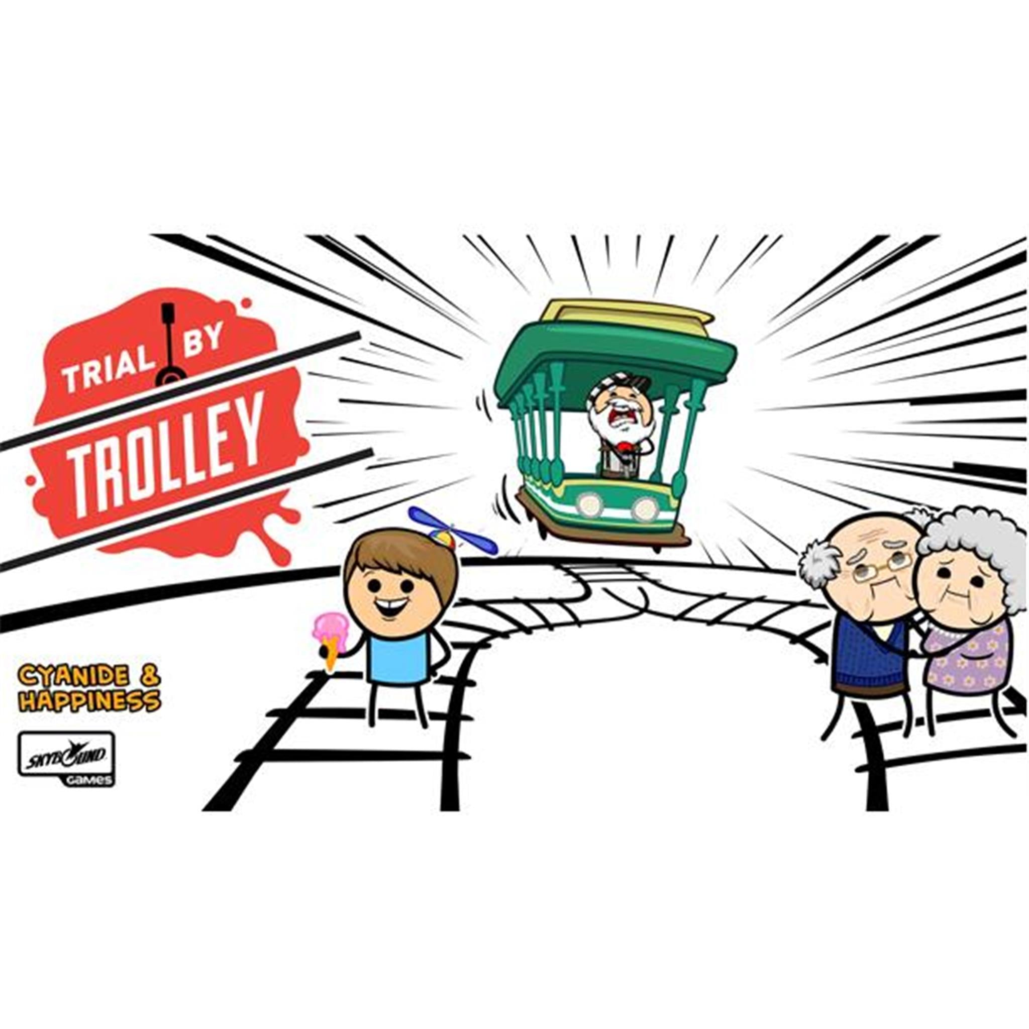A promotional graphic for the board game 'Trial By Trolley' featuring cartoon-style illustrations of characters and a trolley, with one character holding a card and text indicating the game's title and theme.