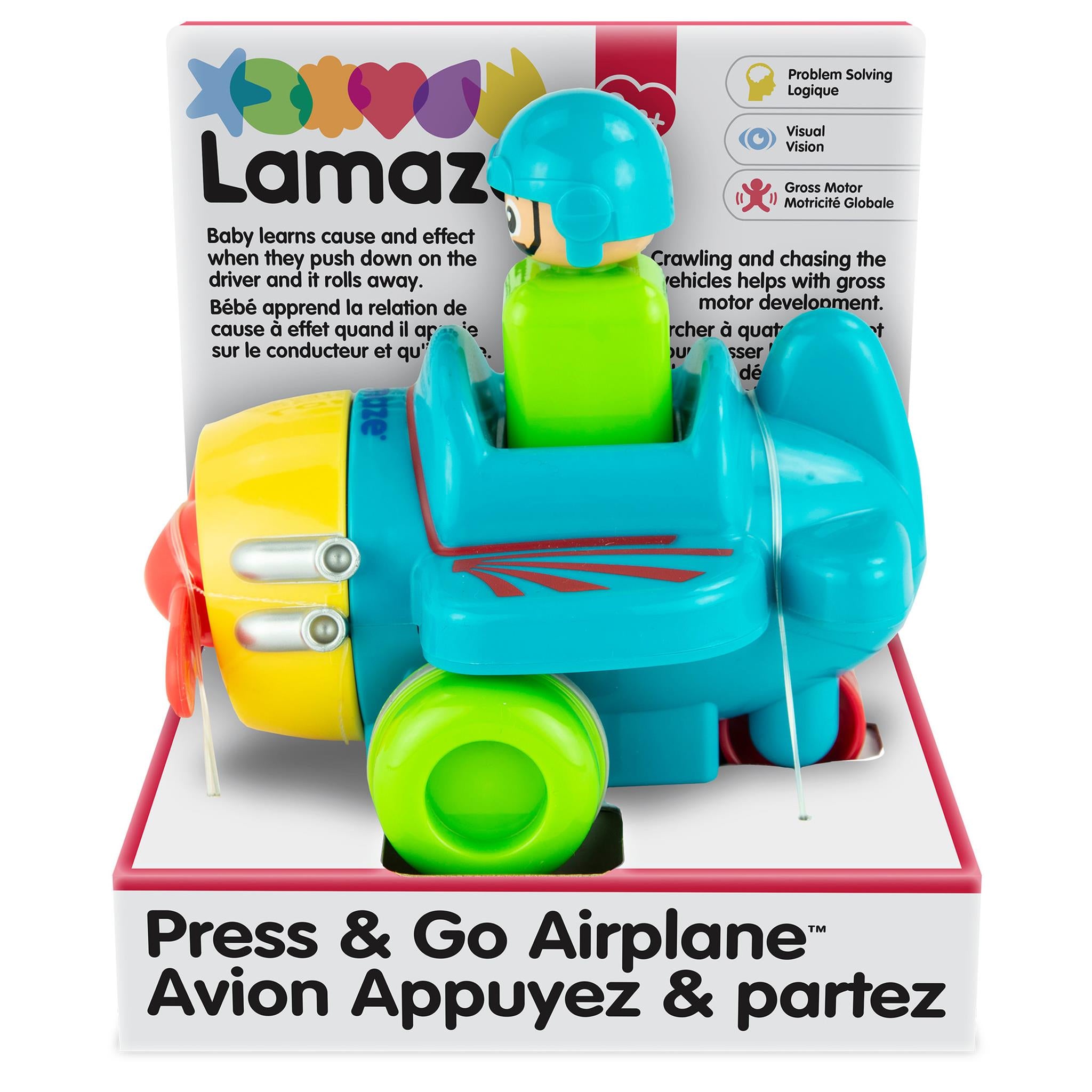 A colorful Lamaze brand push and go airplane toy in packaging, primarily blue and green with a yellow propeller and silver accents.