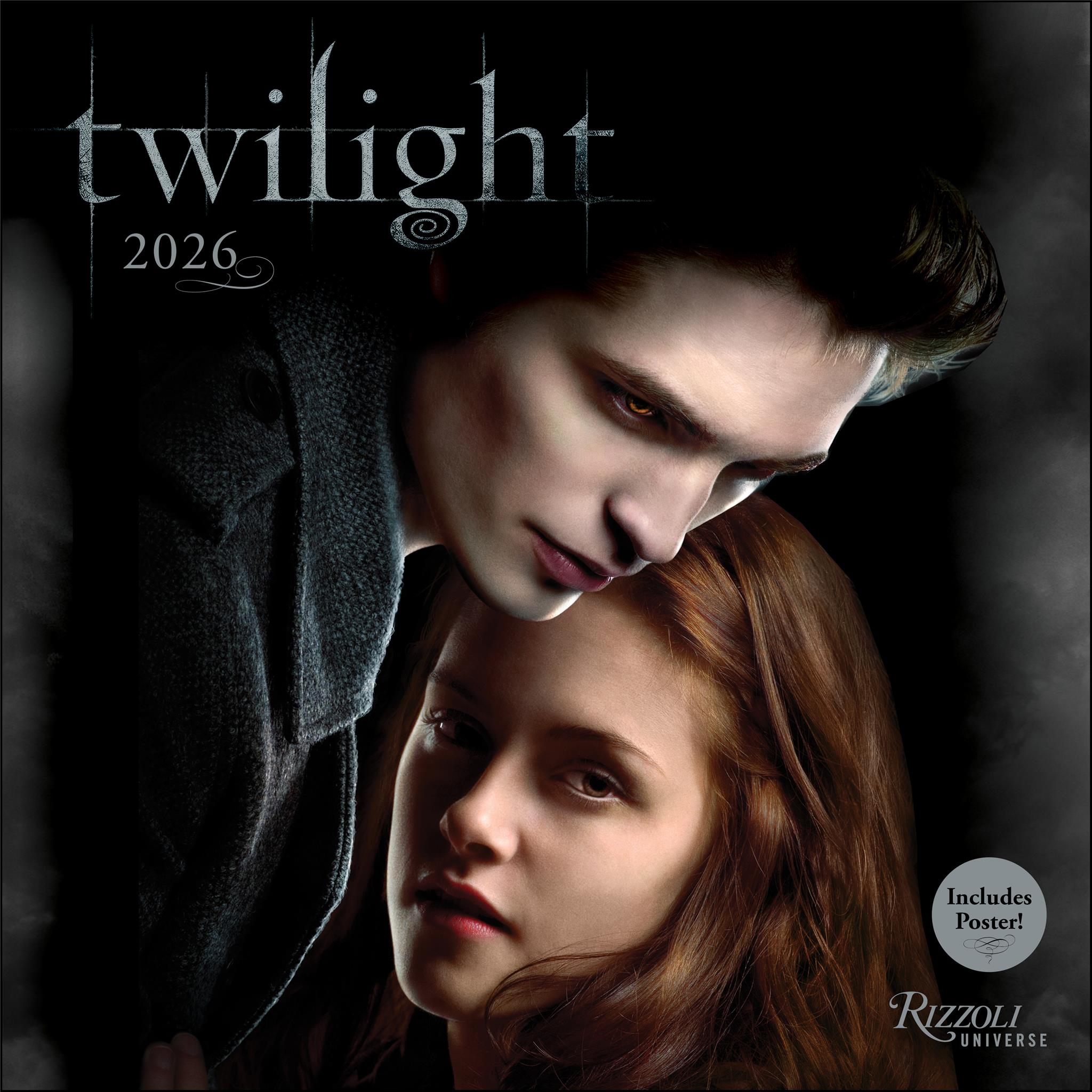 Cover of the Twilight 2026 Wall Calendar featuring images of characters Edward and Bella from the Twilight series.