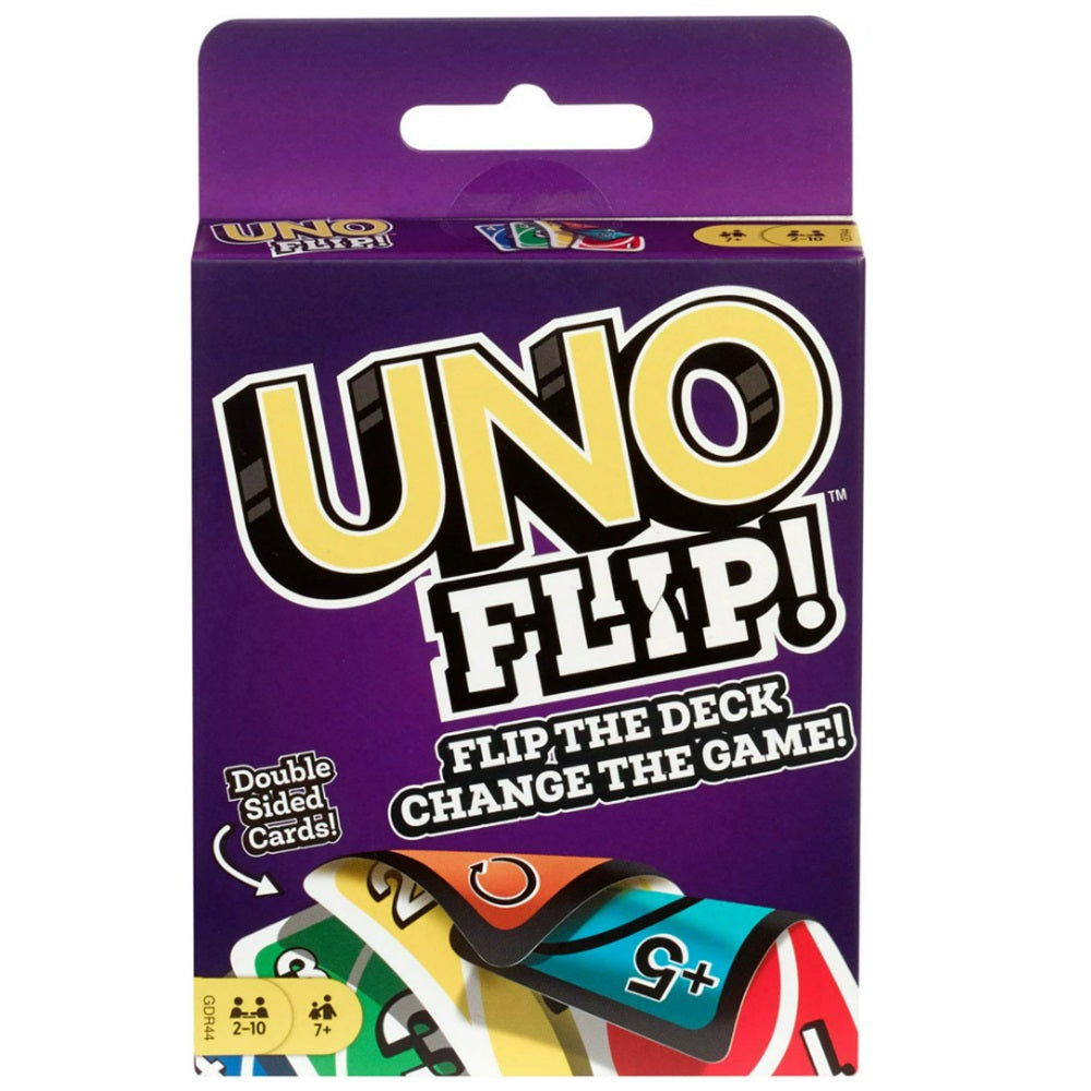 Packaging for the card game Uno Flip, showing the game title and the ability to flip the deck, change the game.