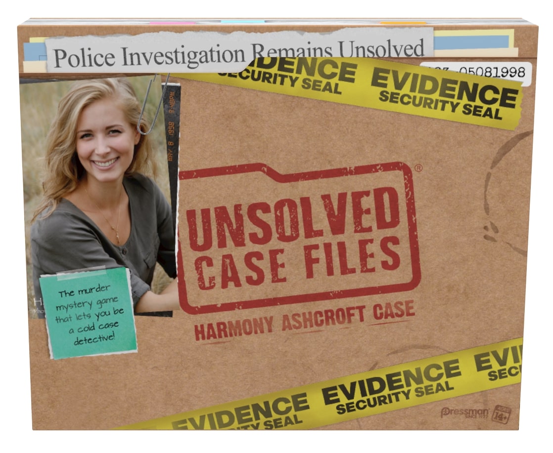 Board game cover for 'Unsolved Case Files 1 Harmony Ashcroft' featuring an image of a woman with 'POLICE INVESTIGATION REMAINS UNSOLVED' and game details.