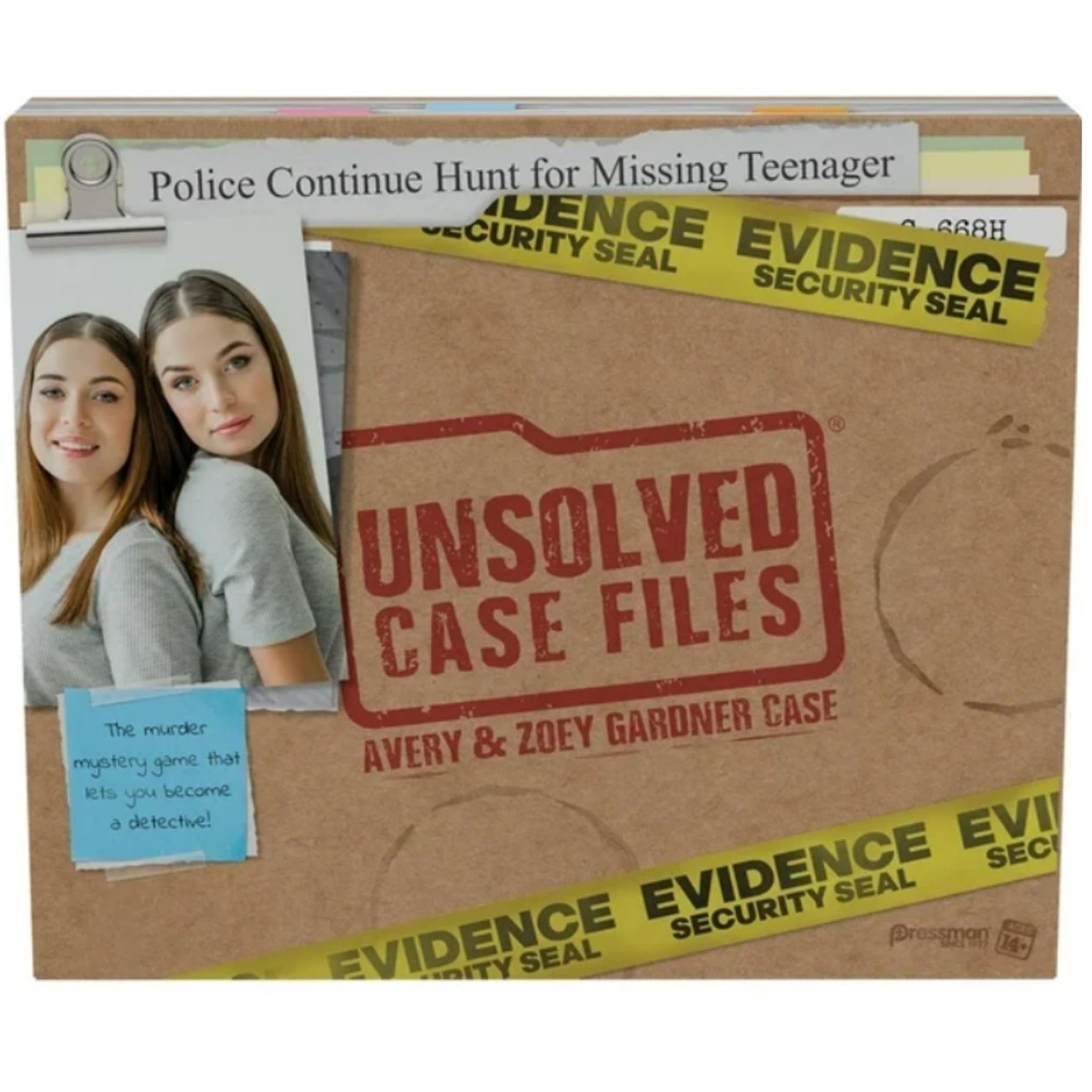 Board game box cover featuring the title 'Unsolved Case Files 3 Avery and Zoey Gardner' with images of two young women and text simulating a missing person case scenario.
