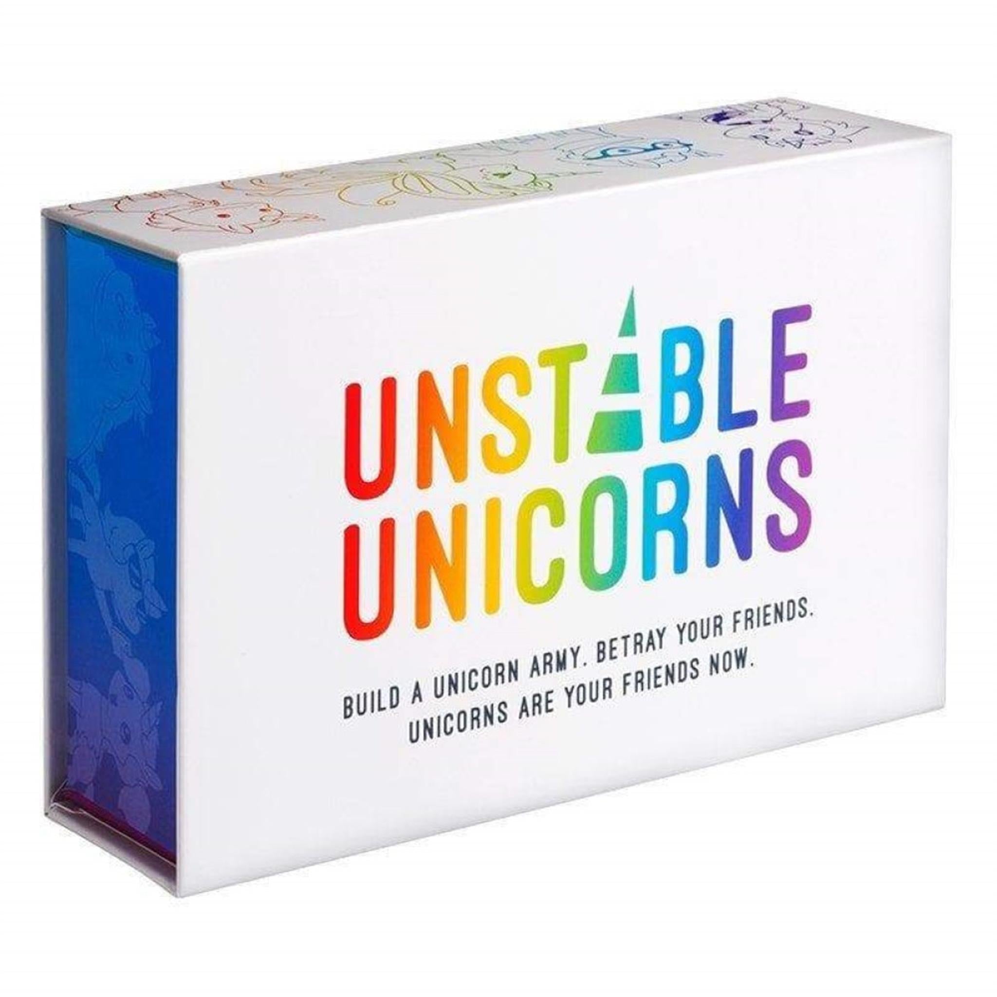 Box packaging for the card game Unstable Unicorn, featuring multicolored text and unicorn imagery.