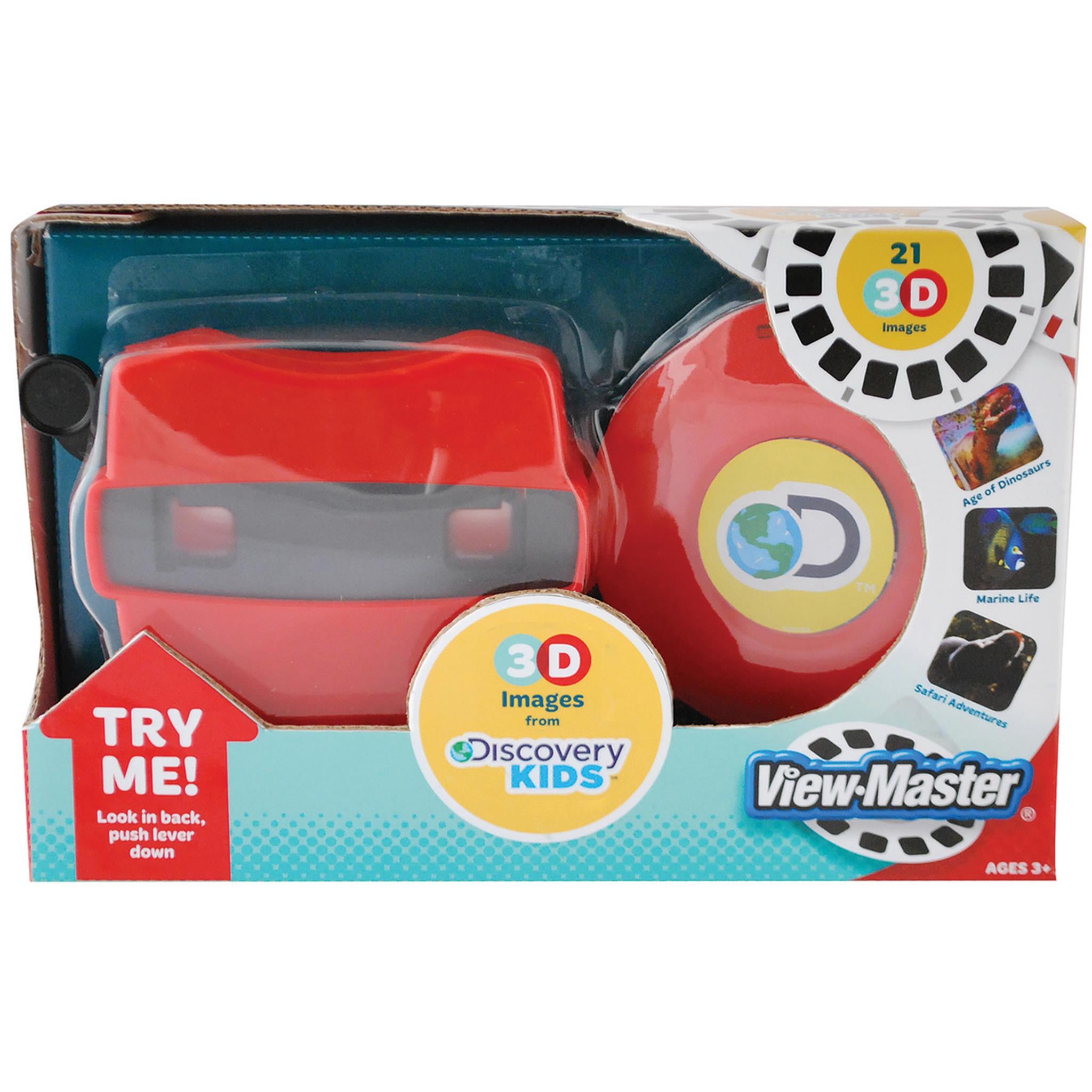 A ViewMaster boxed set with a red viewer and 21 3D image reels, packaged in a window display box.