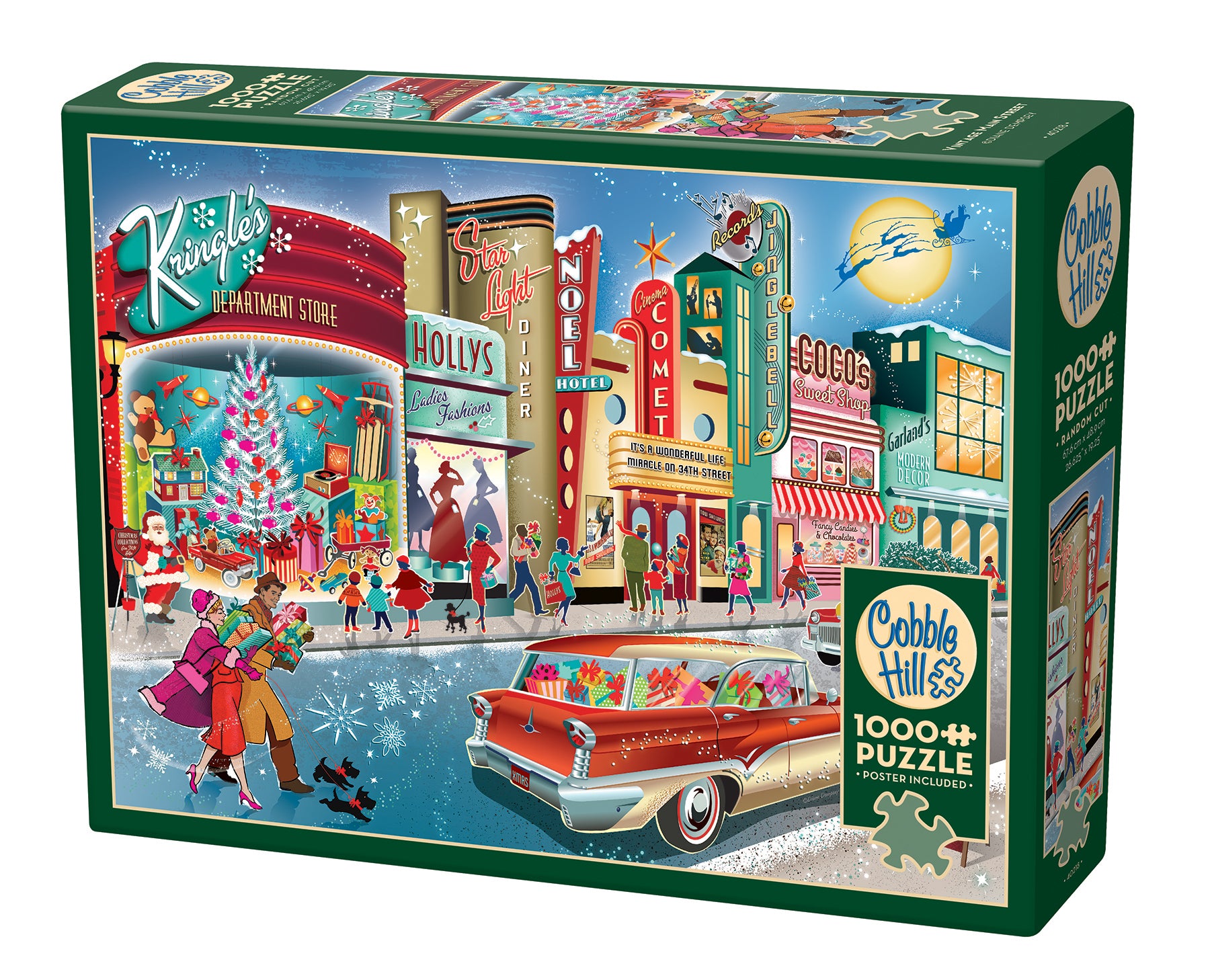 A 1000 piece Cobble Hill puzzle box featuring an illustrated Christmas scene with a vintage car, people, and holiday decorations.