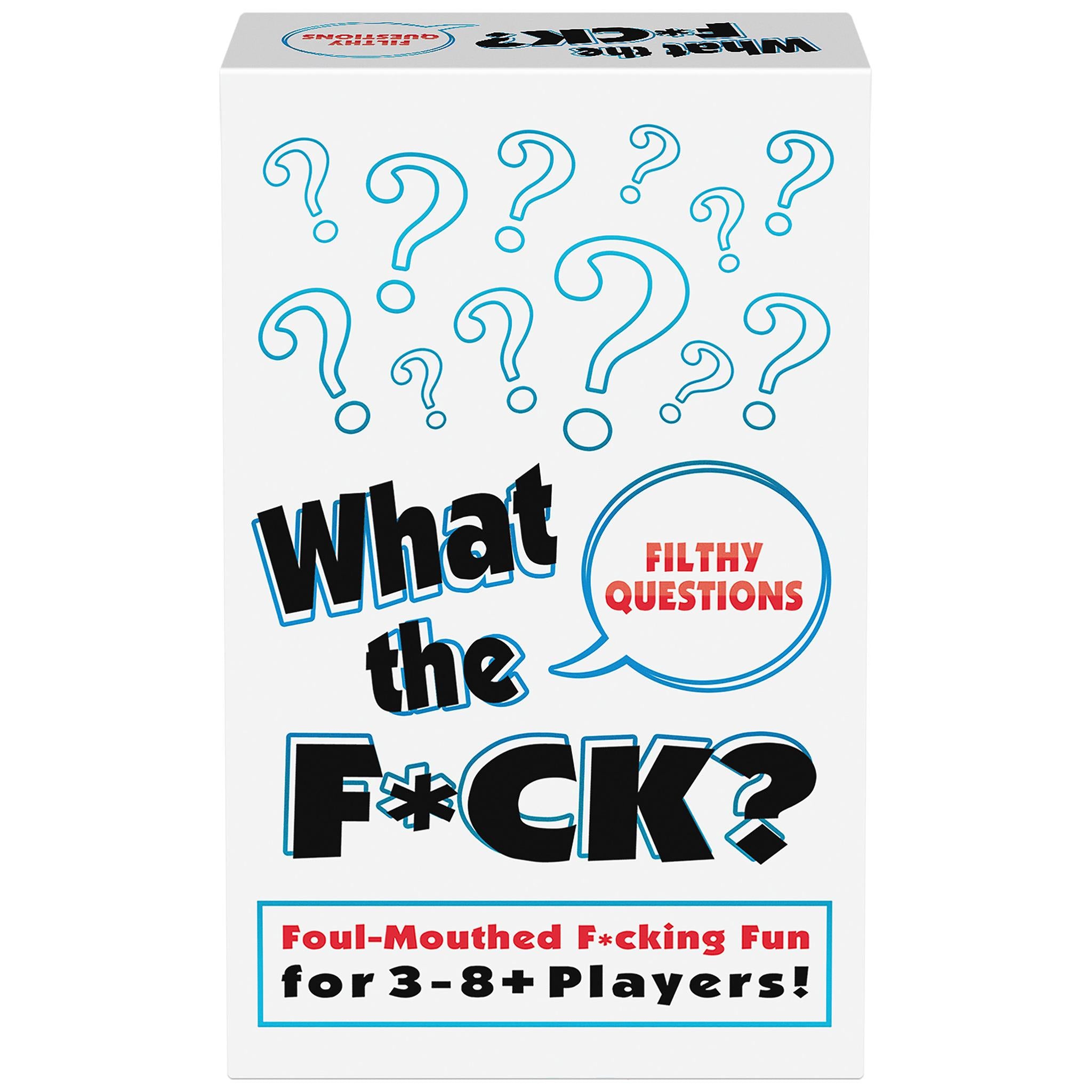 The image displays the packaging of the party game 'WTF Filthy Questions'. The box is predominantly white with bold, blue question marks and red text that reads 'What the F*CK? Filthy Questions for 3-8+ Players'.