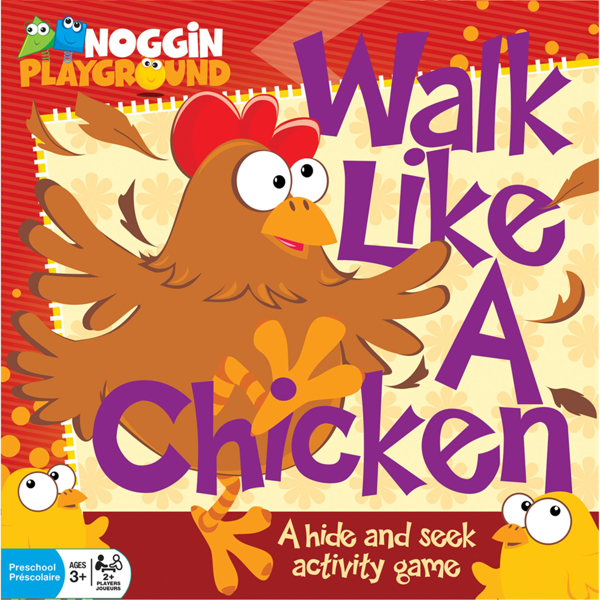 Cover art for the board game 'Walk Like A Chicken' featuring a cartoon chicken with a red comb and wattle, with the title text and playful graphics indicating it's a hide and seek activity game.