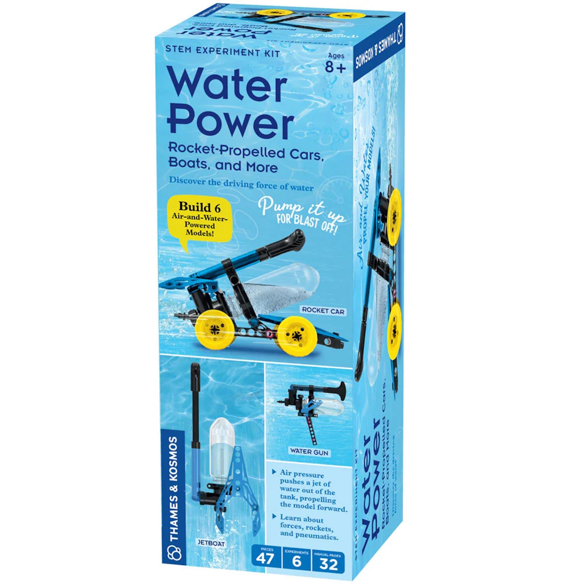 Packaging for 'Water Power Rocket-Propelled Cars, Boats and More' kit, showing the box with images of the experiments and models that can be built with the kit.