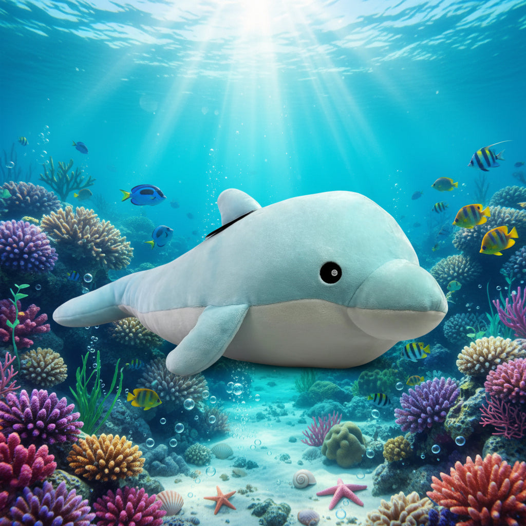Plush dolphin toy in an underwater scene with colorful fish and coral