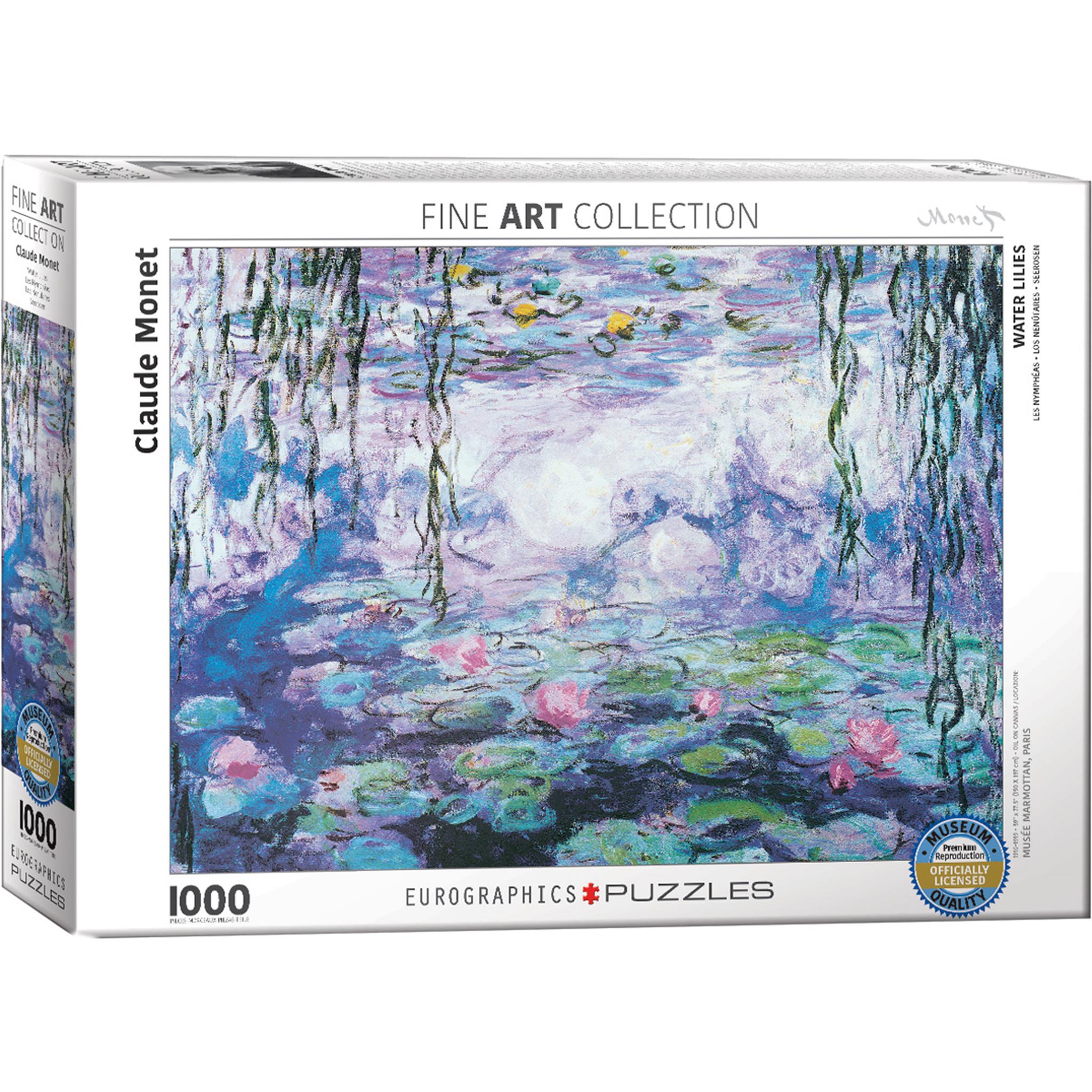 A 1000-piece jigsaw puzzle box featuring Monet's Waterlilies artwork with a reflection of trees in a pond, predominantly in blue and green colors.