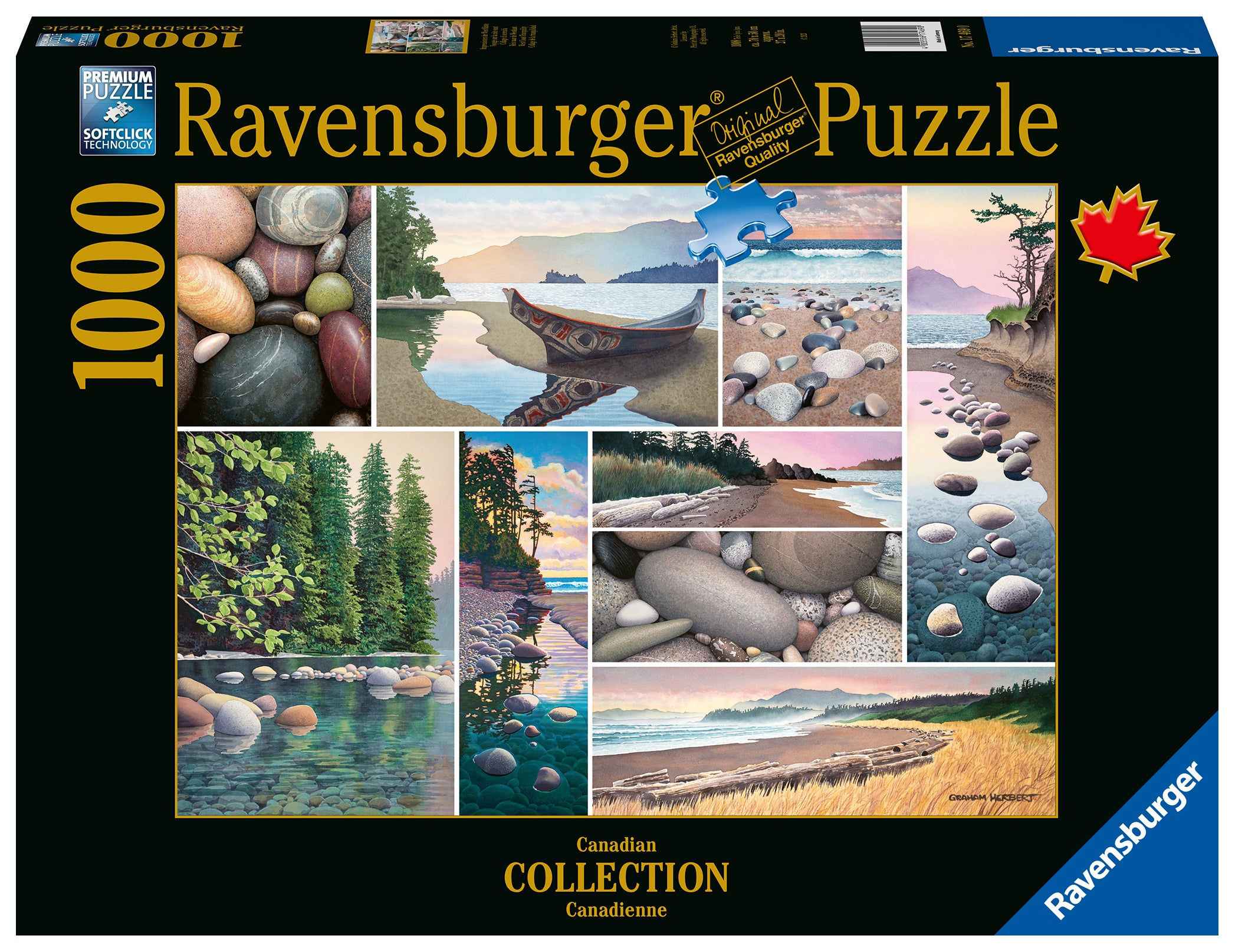 A 1000-piece Ravensburger jigsaw puzzle box featuring a collage of serene water scenes with rocks and a canoe.