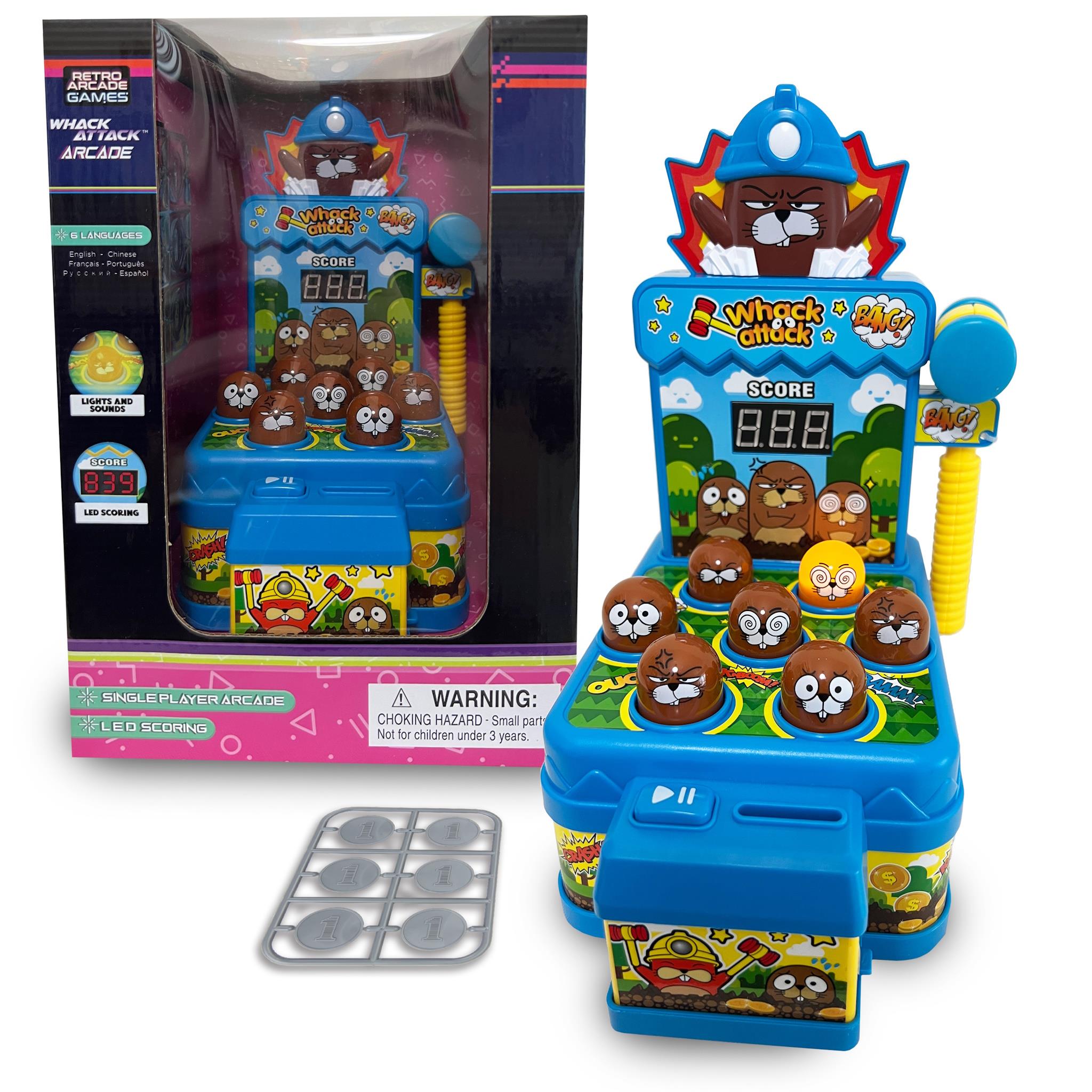 Whack Attack Arcade game set with packaging, featuring colorful game graphics and a mallet accessory.