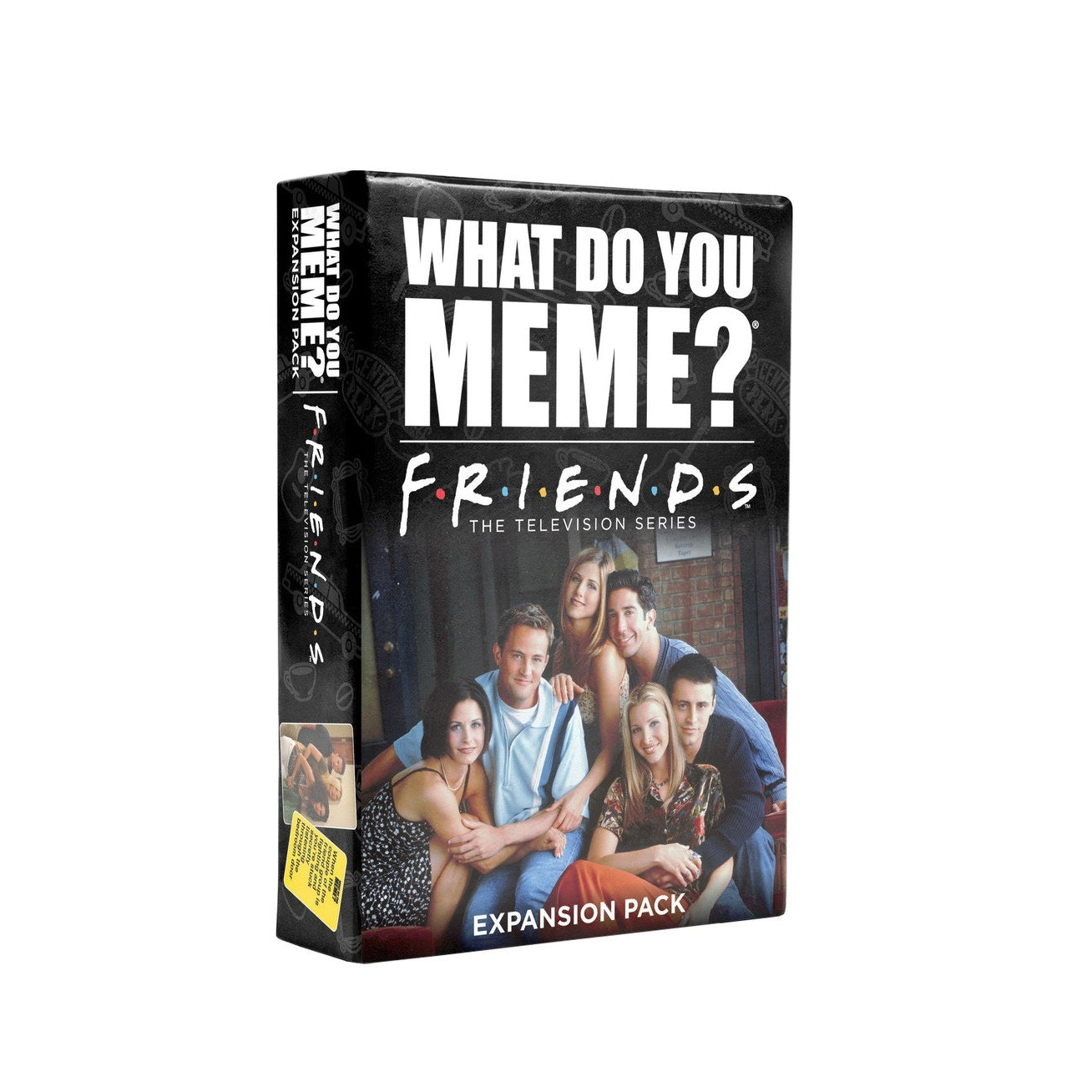 Packaging for 'What Do You Meme? Friends' expansion pack featuring iconic moments and characters from the TV show 'Friends'.