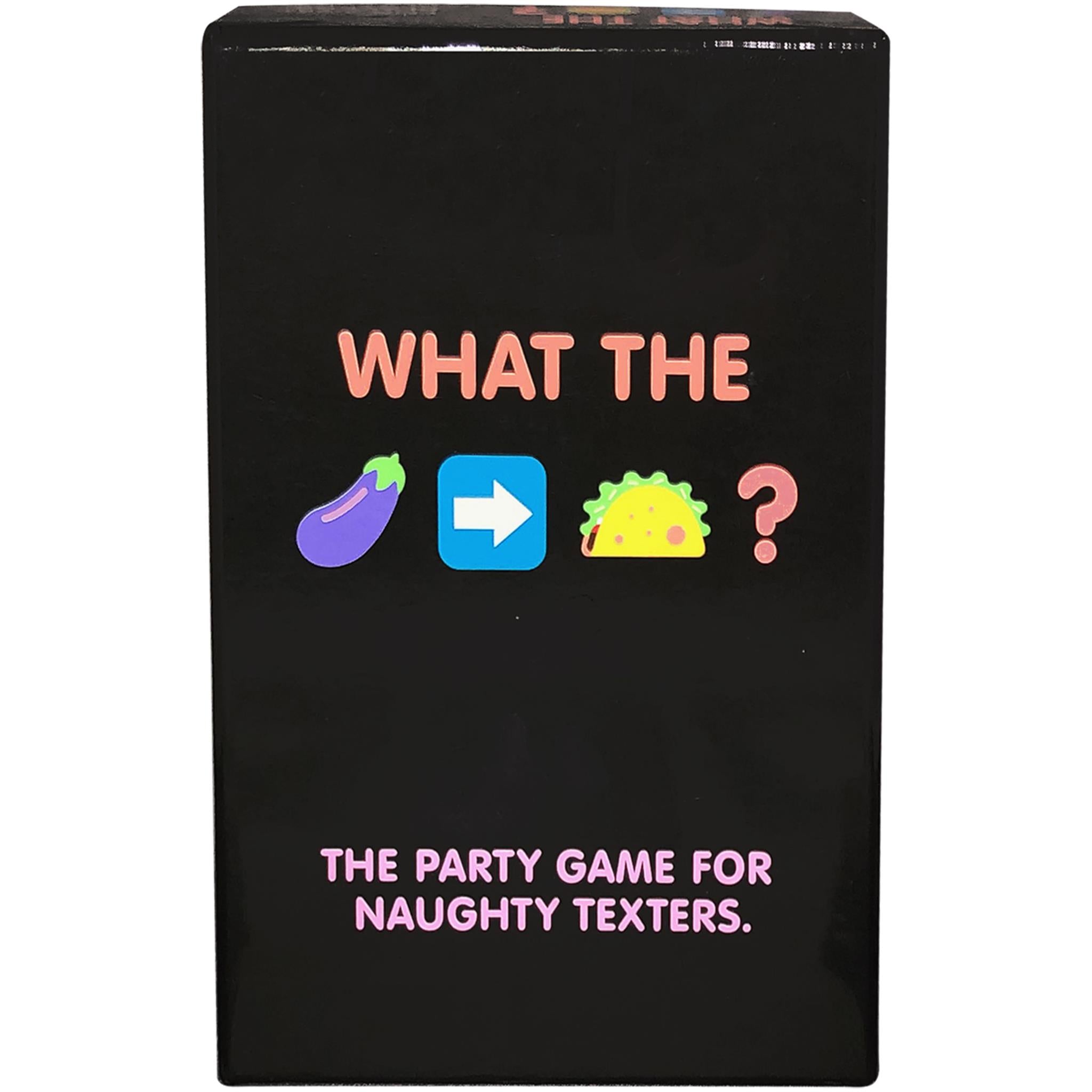 The product image shows the packaging of 'What the Eggplant to Taco', which is described as 'The party game for naughty texters.' The box is black with a graphic of an eggplant, an arrow, and a Taco Bell-style logo, indicating a game involving naughty emoji cards.