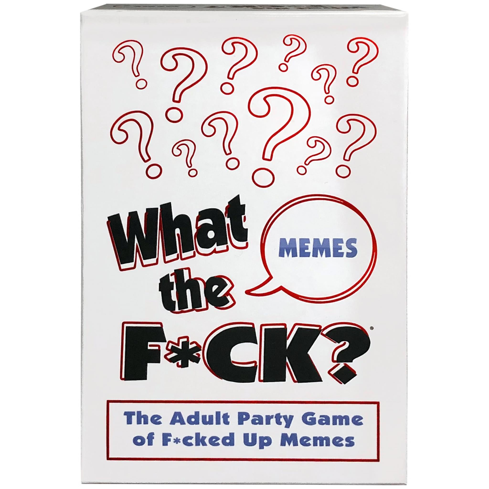 The product image shows the packaging of 'What the F\u00ck Memes,' which features a white background with red and black text and question marks.