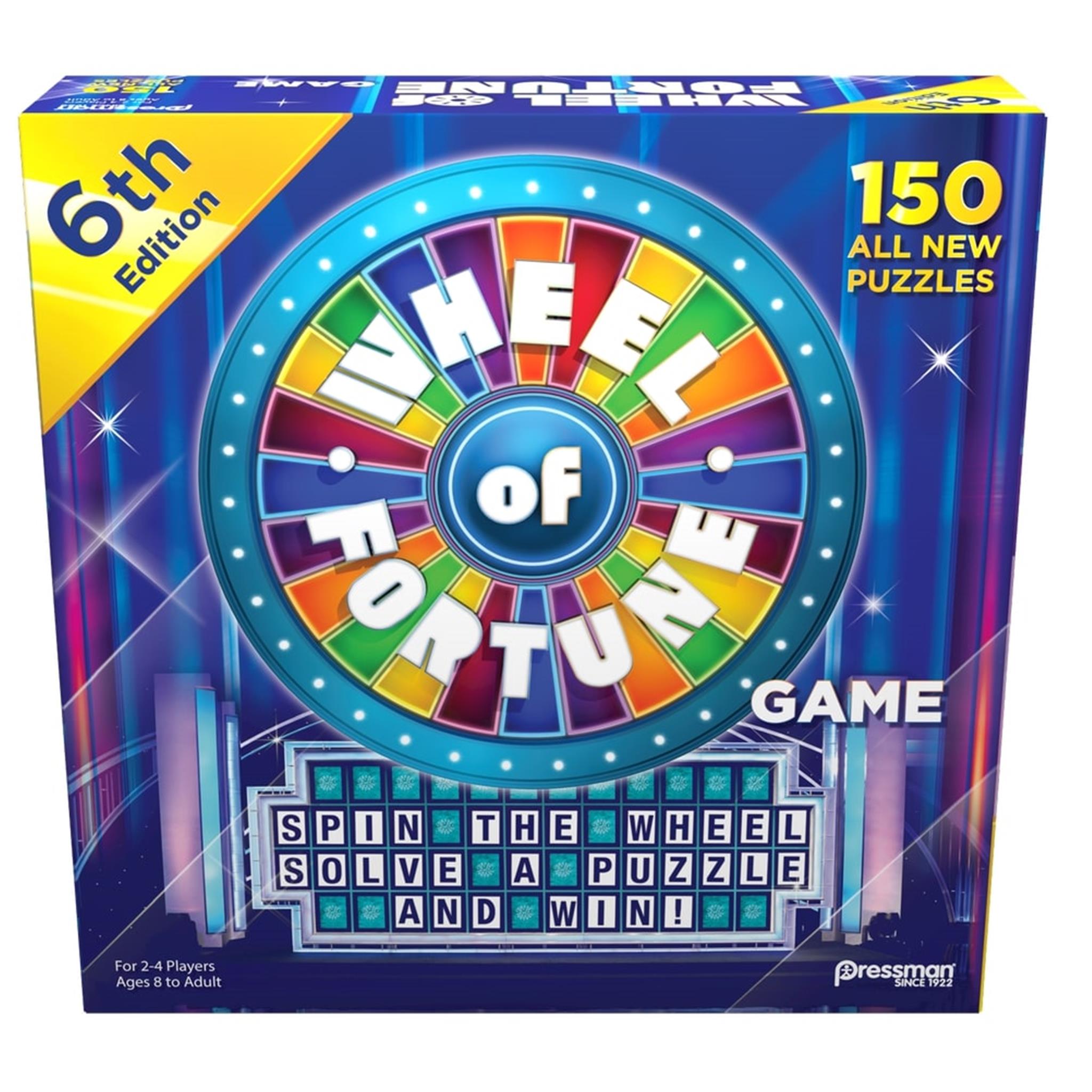 Boxed Wheel of Fortune game featuring the game's wheel and puzzle board, with colorful graphics and text indicating '6th Edition' and '150 All New Puzzles'.