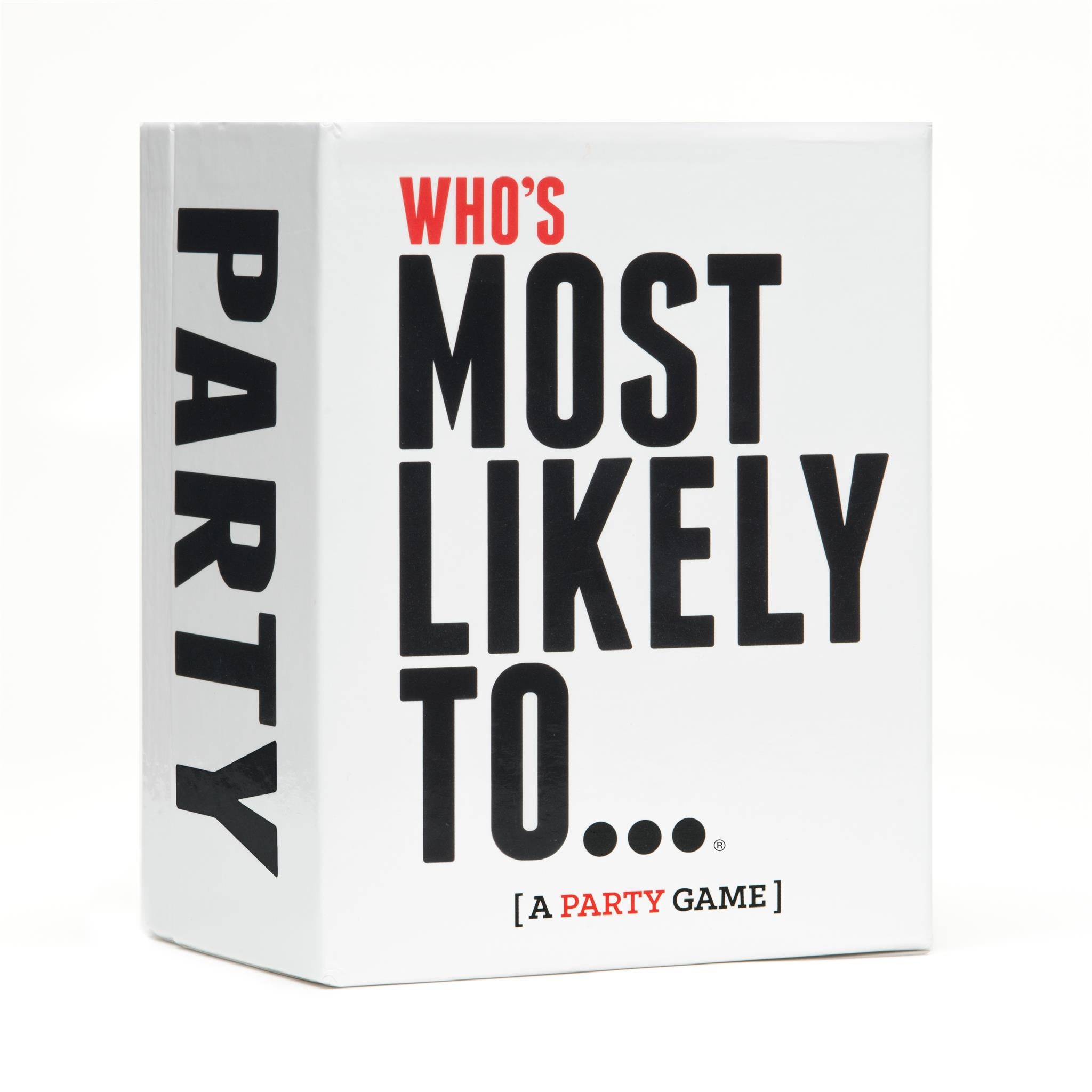 The image displays a party game box titled 'Who's MostLikely To.