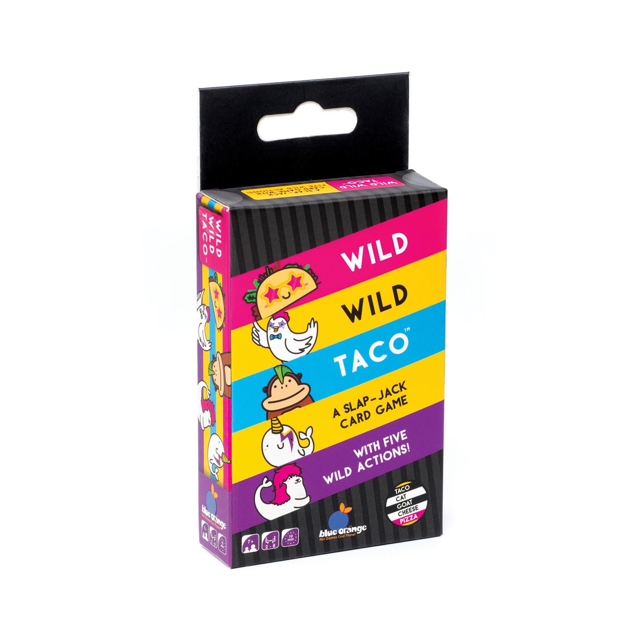Hang tag packaging with black background and neon coloured sections. Text states "A slap-jack card game with five wild actions"