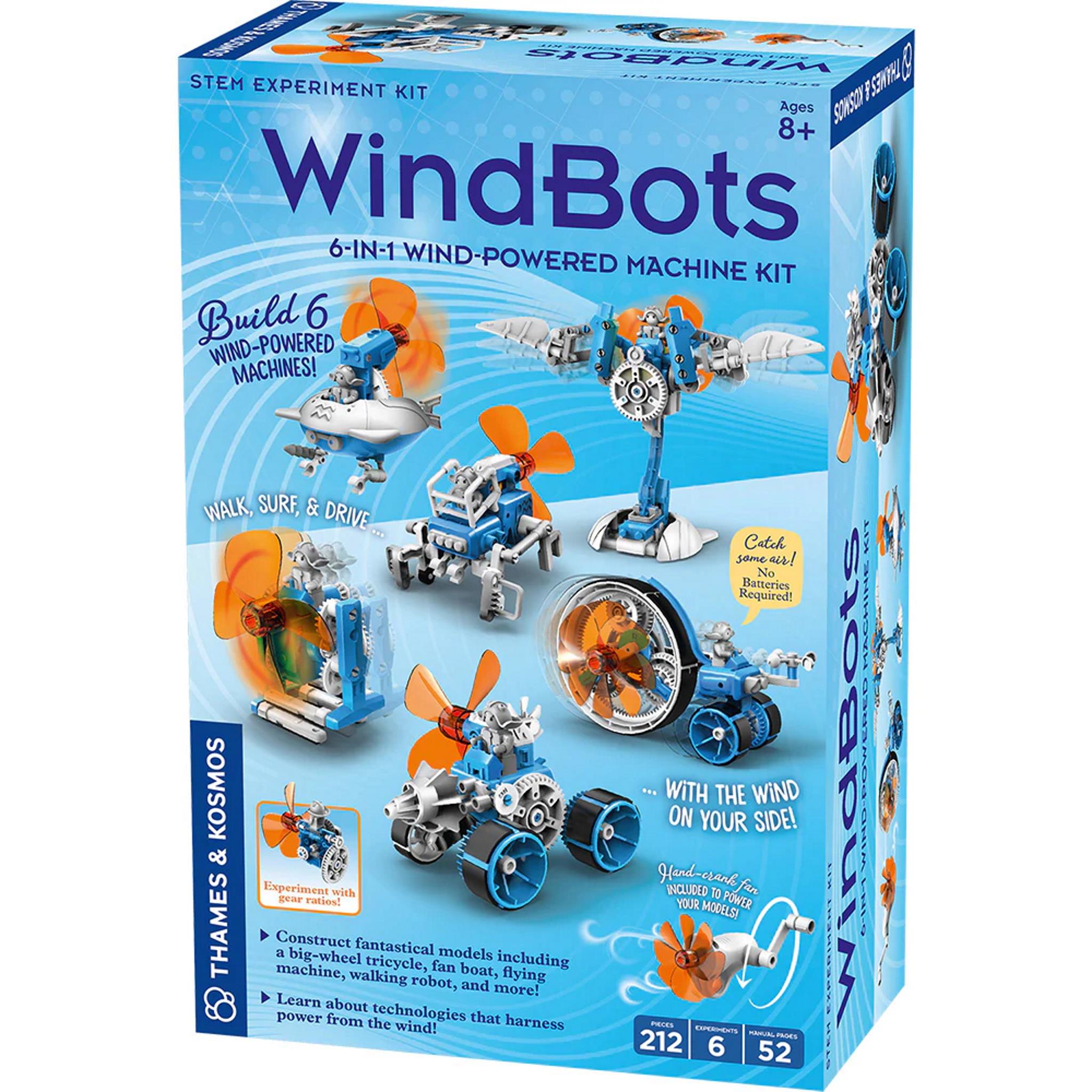 Box of WindBots 6 in 1 Wind Powered Machine Kit featuring images of the wind-powered models including a boat, a wind generator, and other mechanical creations. The kit is designed for children and includes over 130 pieces for building these models.