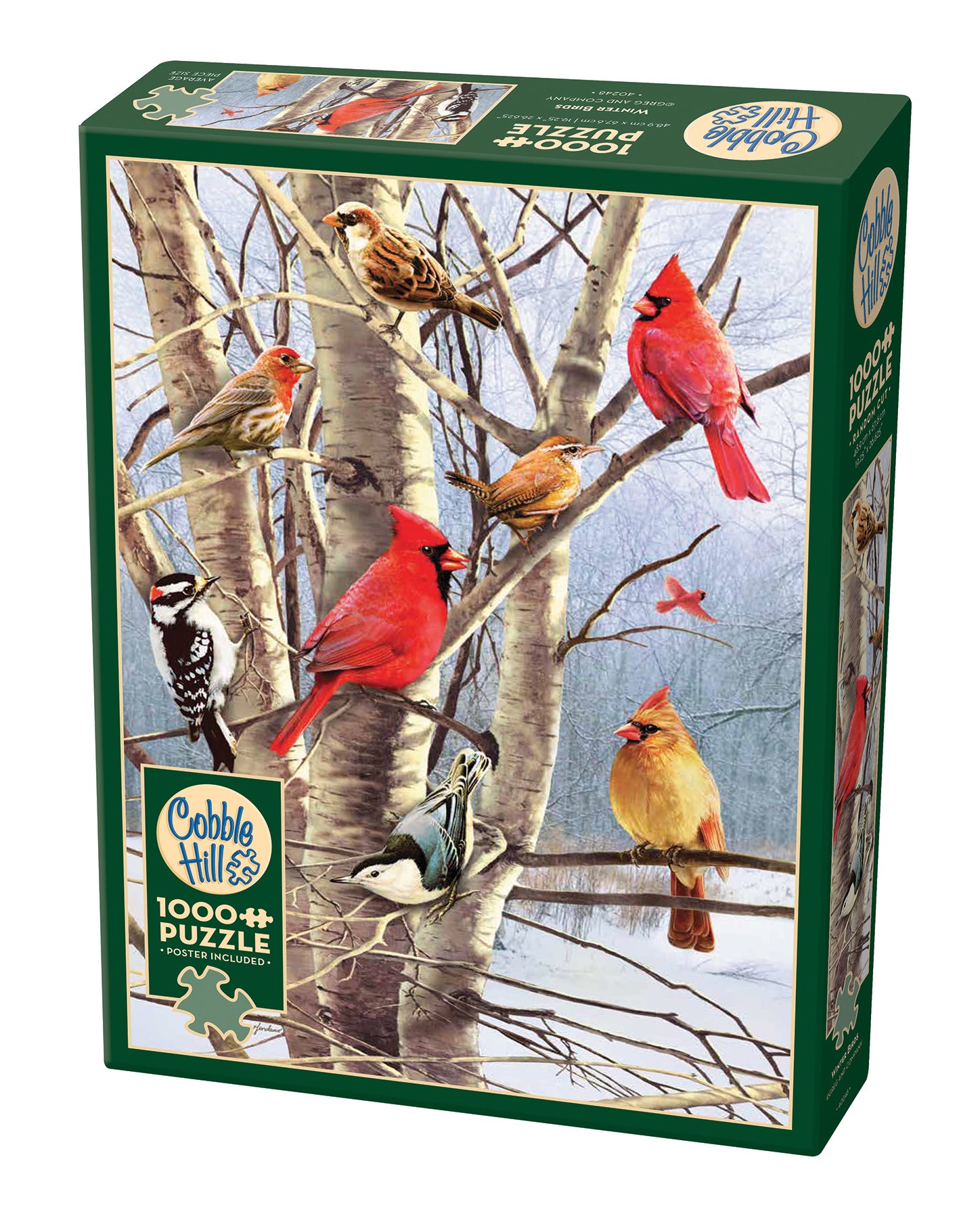 A 1000 piece Cobble Hill jigsaw puzzle box featuring an illustration of various birds perched on branches in a wintry landscape, with a prominent red cardinal.