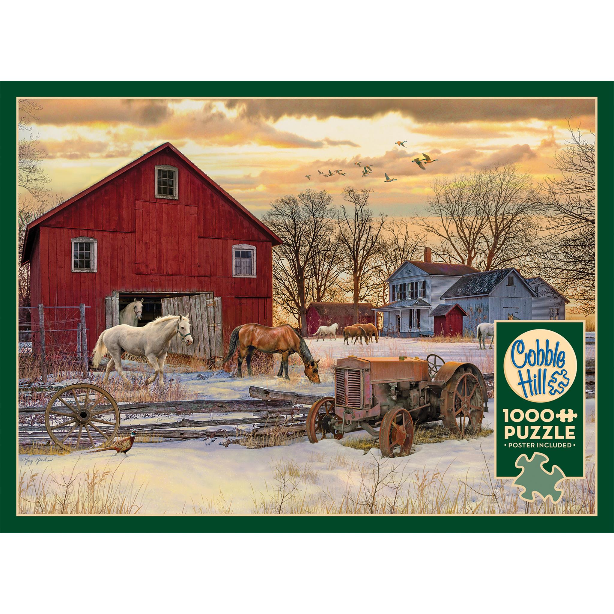 A 1000 piece Cobble Hill jigsaw puzzle box featuring a winter scene with a red barn, horses, a vintage tractor, and flying geese.