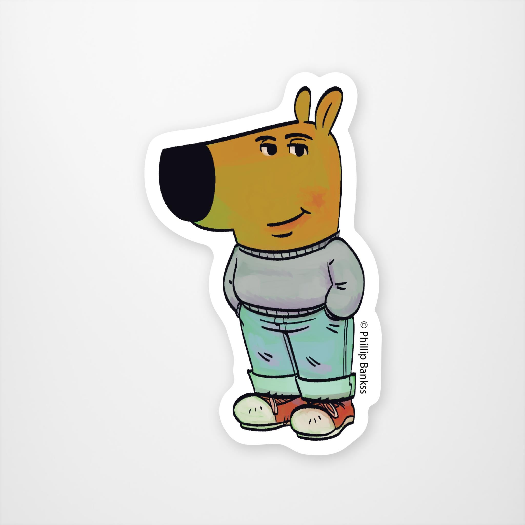 Cartoon styled dog in sweater jeans and shoes with hands in pocket