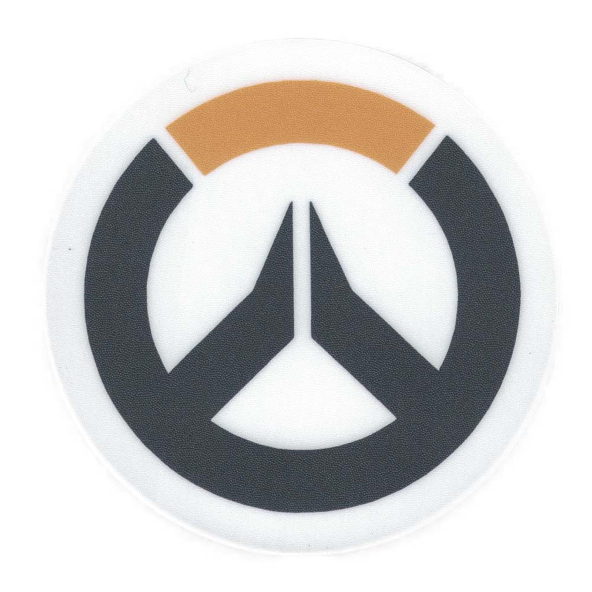 A vinyl sticker with the Overwatch logo, featuring a white peace sign-like symbol with gray and orange fill.