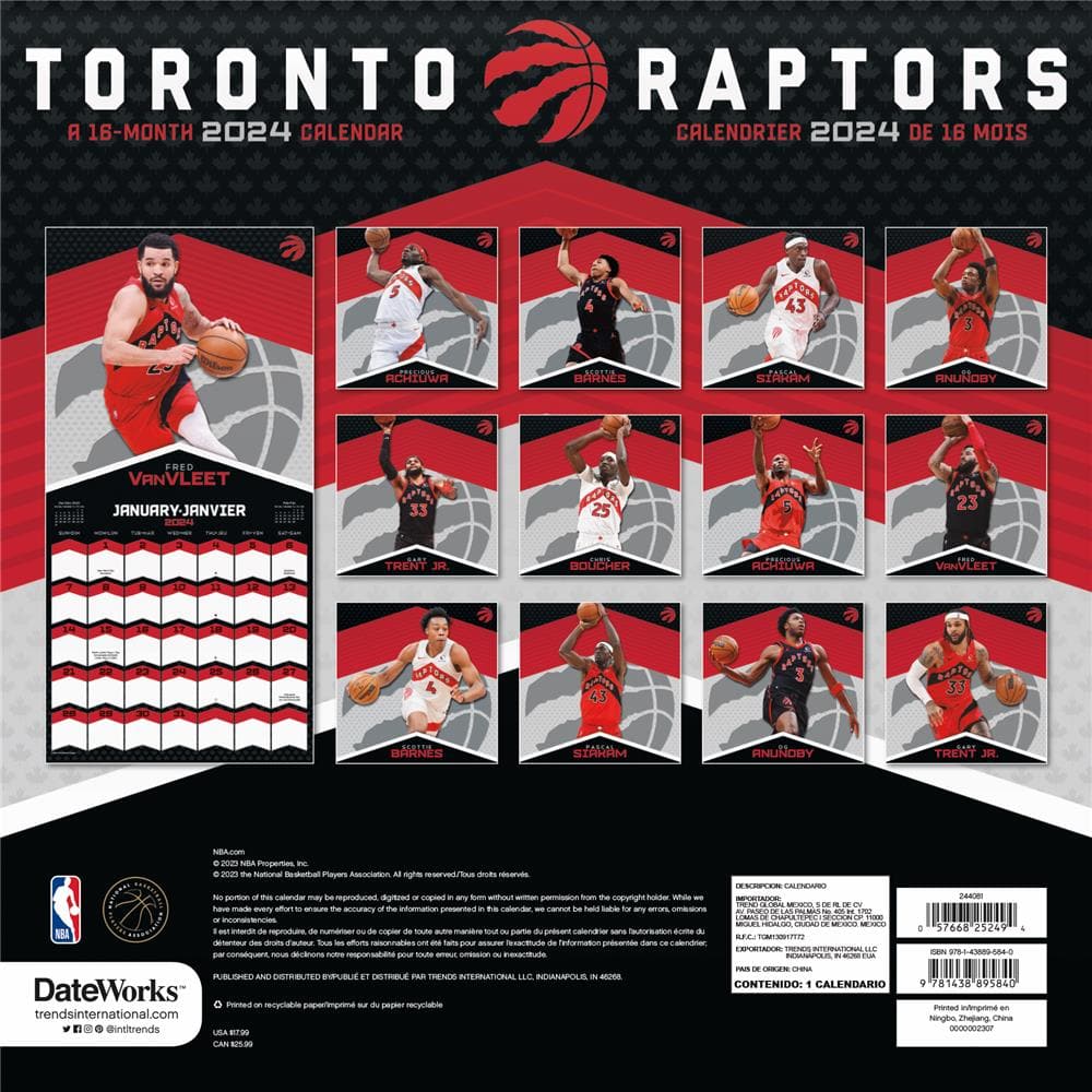 NBA Toronto Raptors 2024 Bilingual Wall Calendar product image