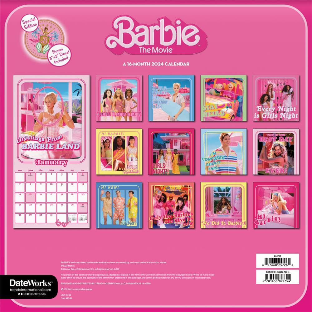 Barbie The Movie 2024 Exclusive Wall Calendar with Decal product image