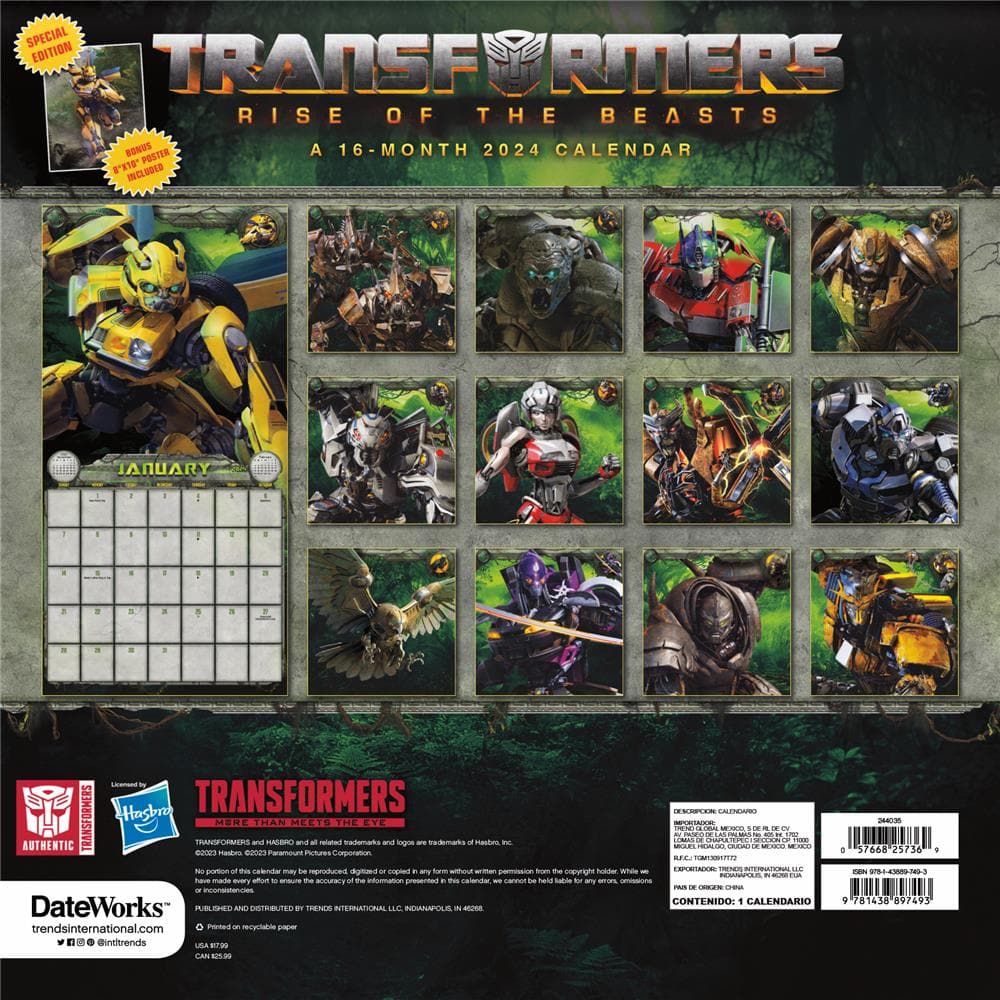 Transformers Rise of the Beasts 2024 Exclusive Wall Calendar with Print product image
