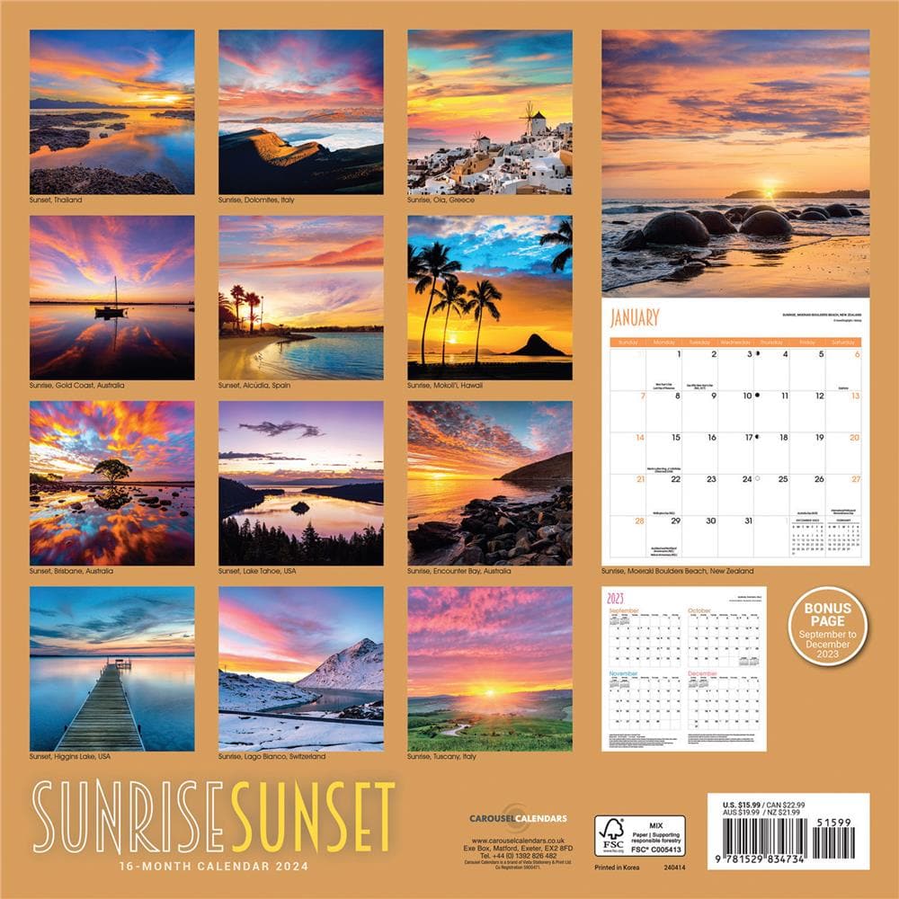 9781529834734 Sunrise Sunset 2024 Wall Calendar Carousel Calendars