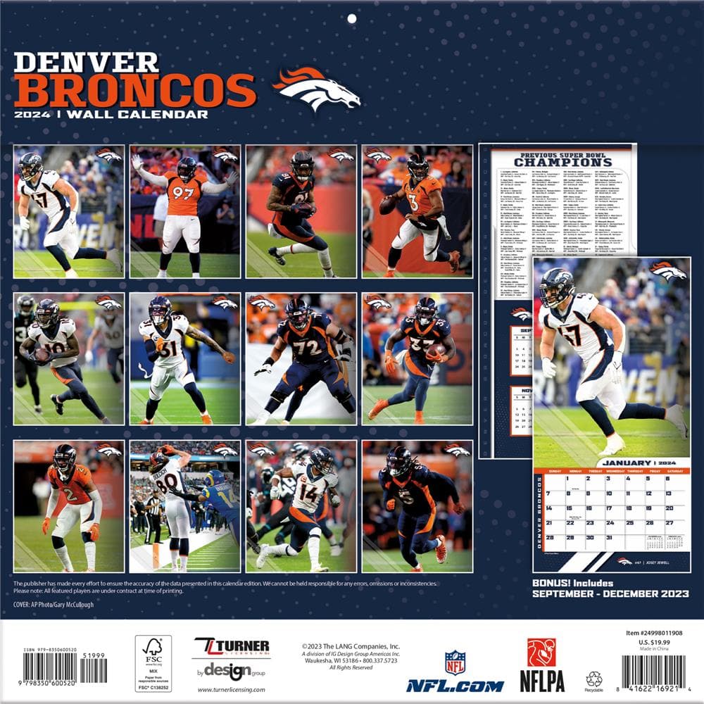 9798350600520 NFL Denver Broncos 2024 Wall Calendar The Lang