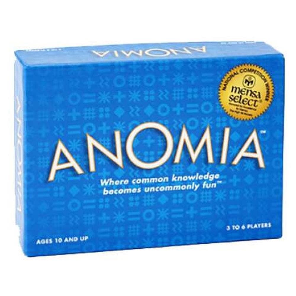 Boxed Anomia card game, with blue packaging featuring the name 'ANOMIA' and symbols related to the game.