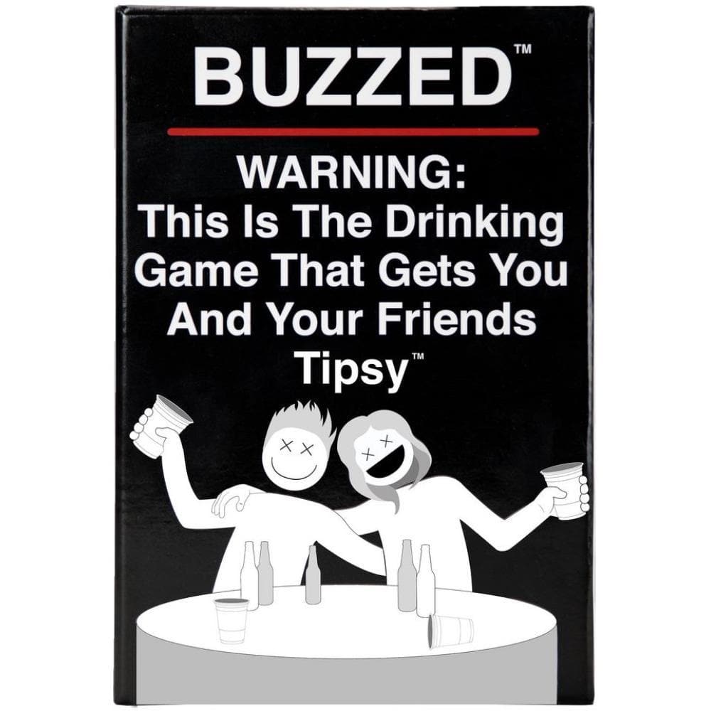 The image displays the packaging of the drinking game 'Buzzed', featuring a black background with white graphics. The cover shows two cartoon figures, one with a raised fist and the other sitting, both smiling.