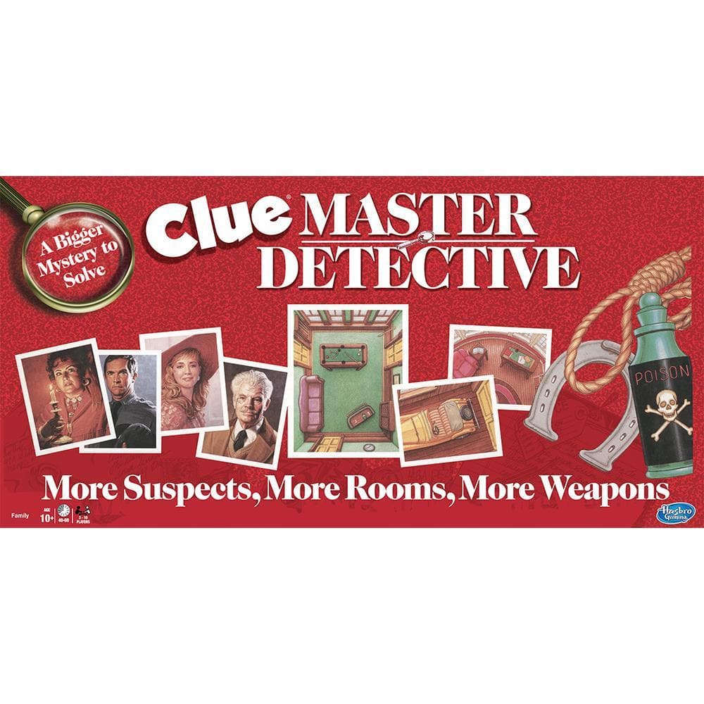 Board game box cover for Clue Master Detective, featuring images of suspects, rooms, and weapons with a red background and a magnifying glass graphic.