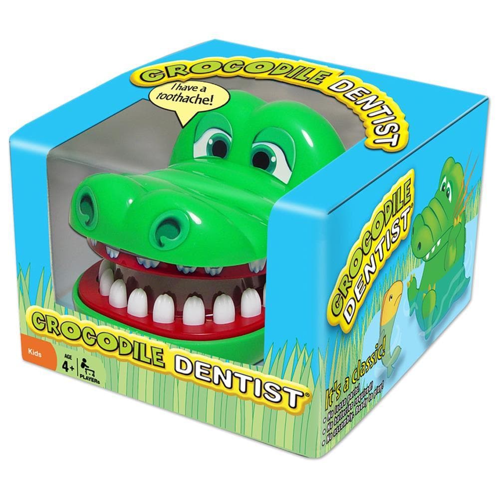 Crocodile Dentist board game packaging featuring a cartoon crocodile with a green body and red mouth, with the name of the game displayed at the top.