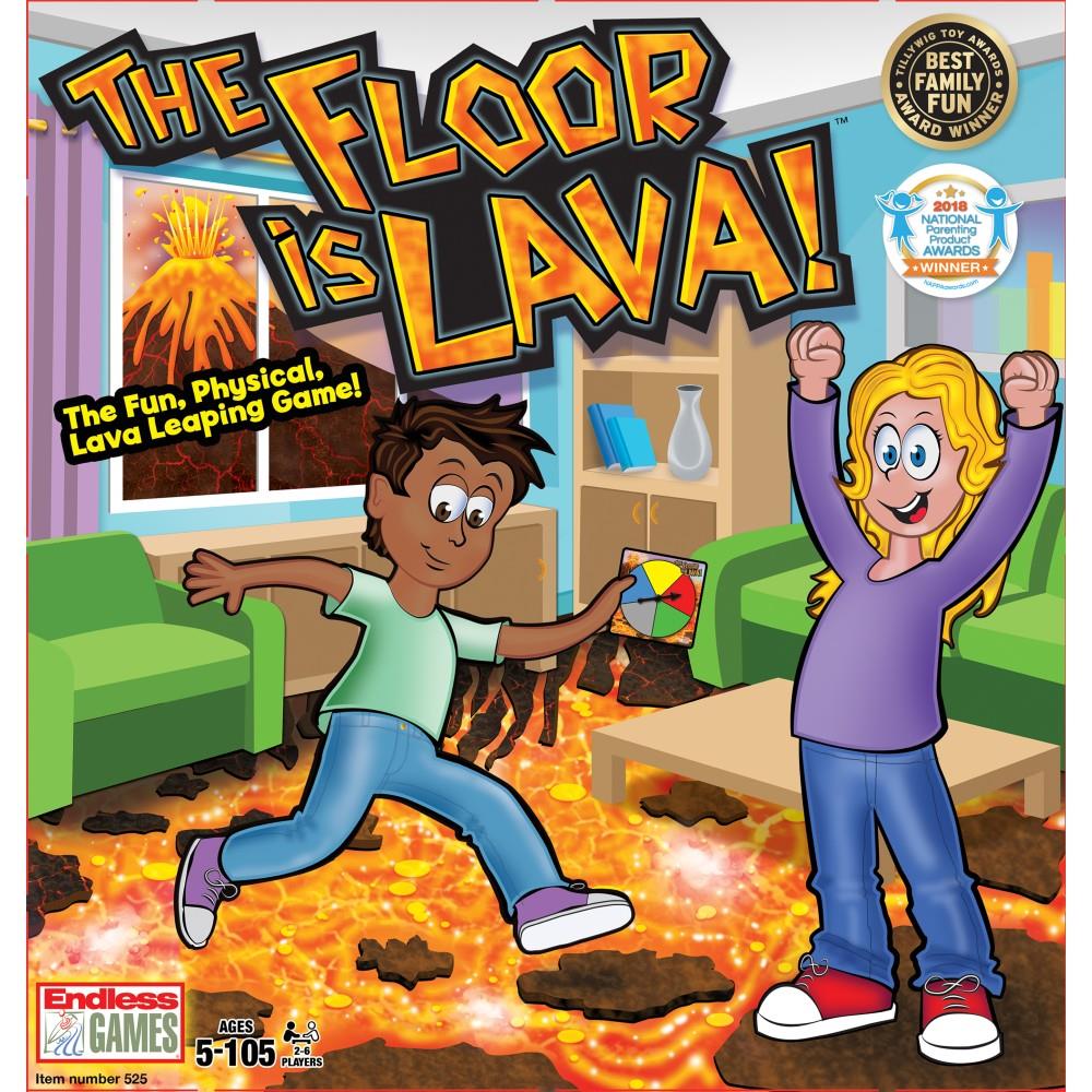 The image shows the cover of the board game 'The Floor is Lava'. It depicts two children playing the game, jumping over pretend lava on the floor which is illustrated with orange and yellow colors to create a fiery appearance.