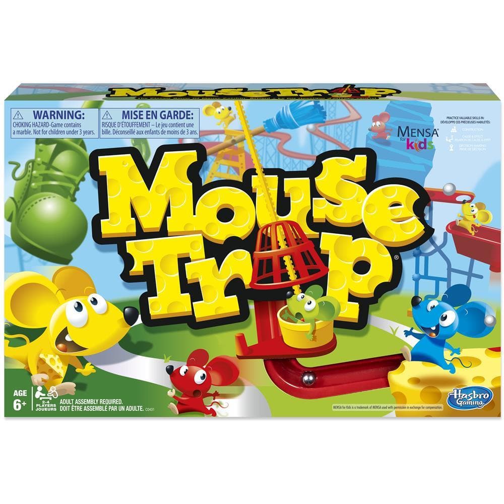 Box of the Mouse Trap board game featuring cartoon mice in various playful poses with the name of the game prominently displayed.
